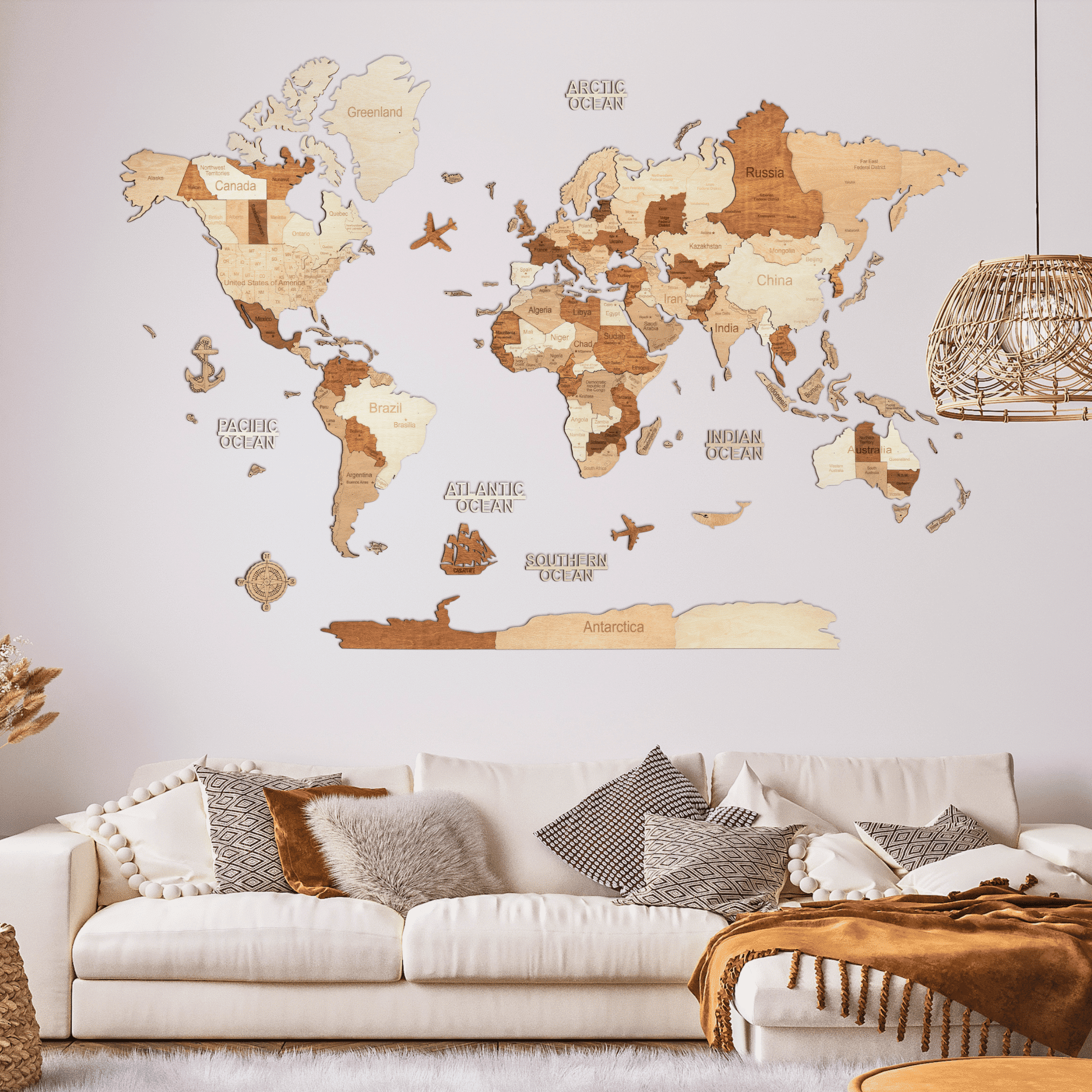 3D Wooden World Map Amber