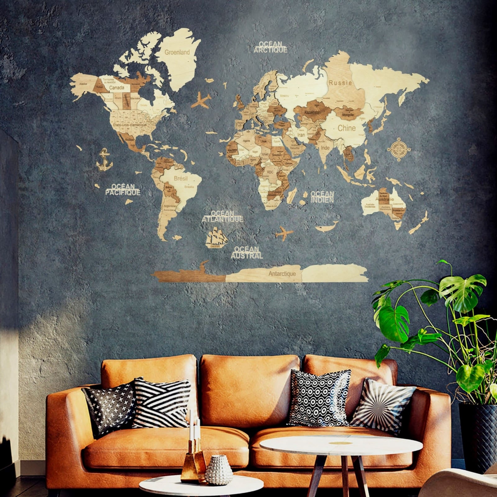 3D Wooden World Map Amber