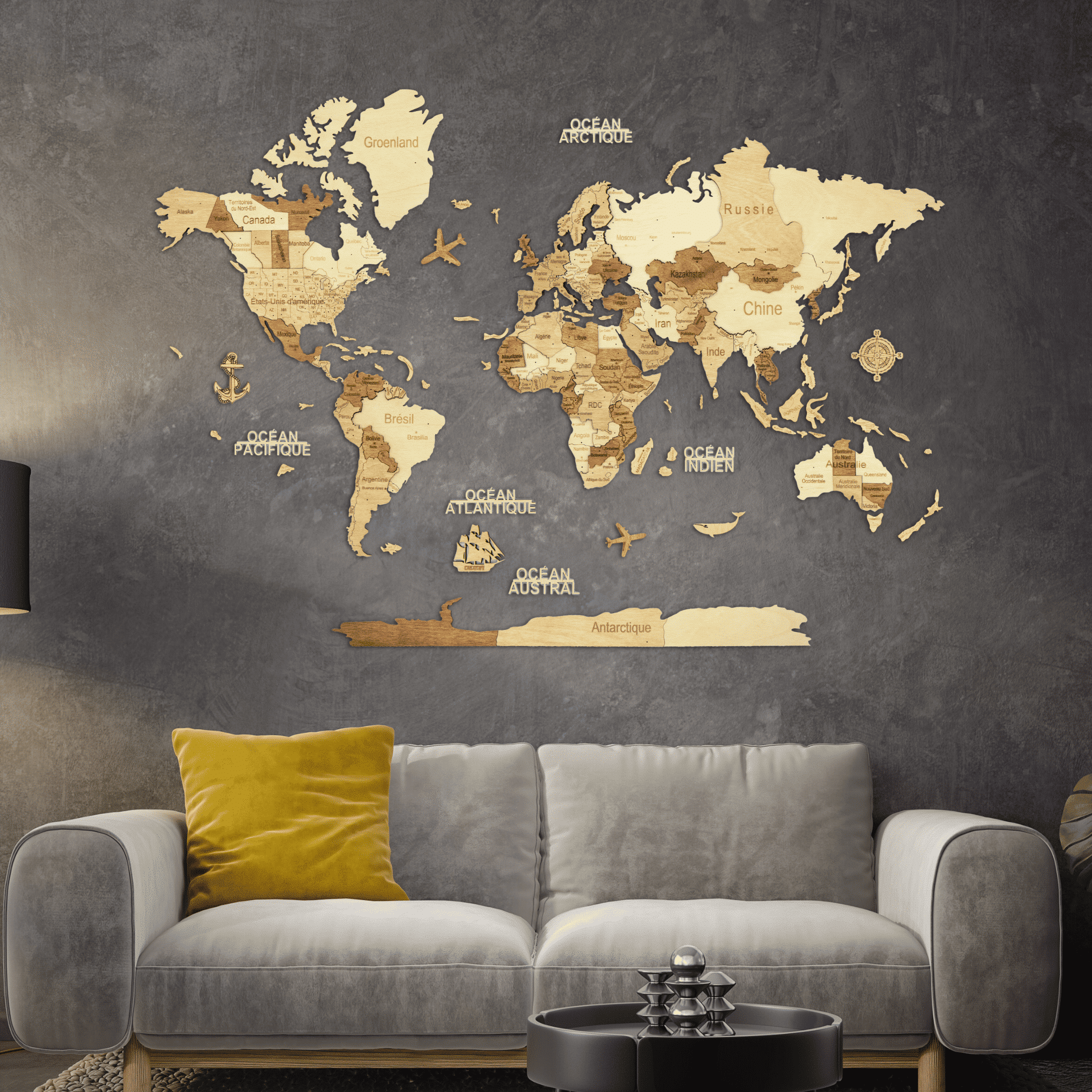 3D Wooden World Map Amber