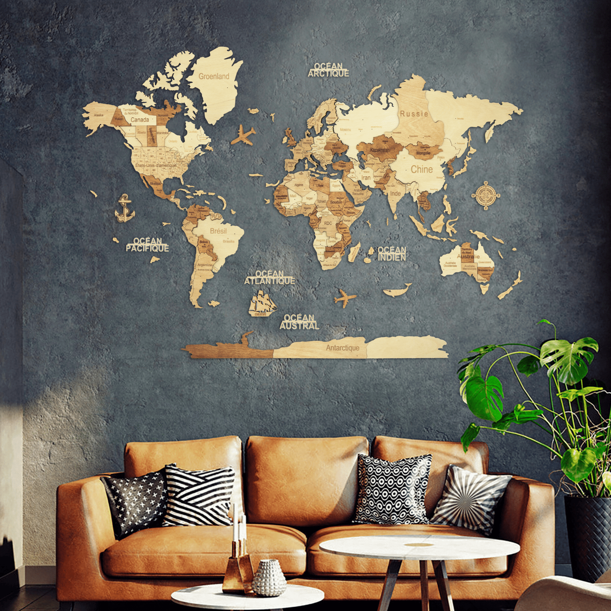 3D Wooden World Map Amber