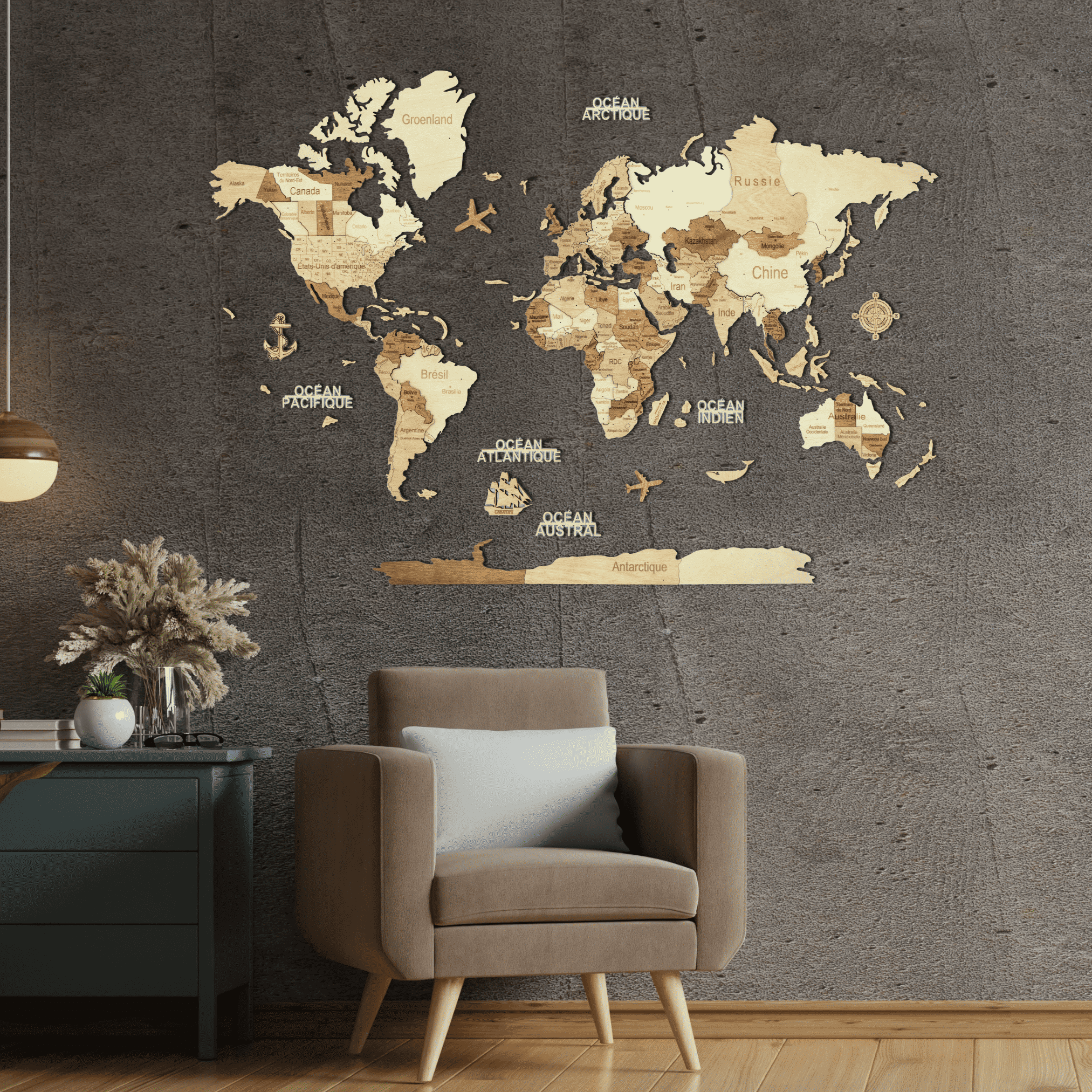 3D Wooden World Map Amber