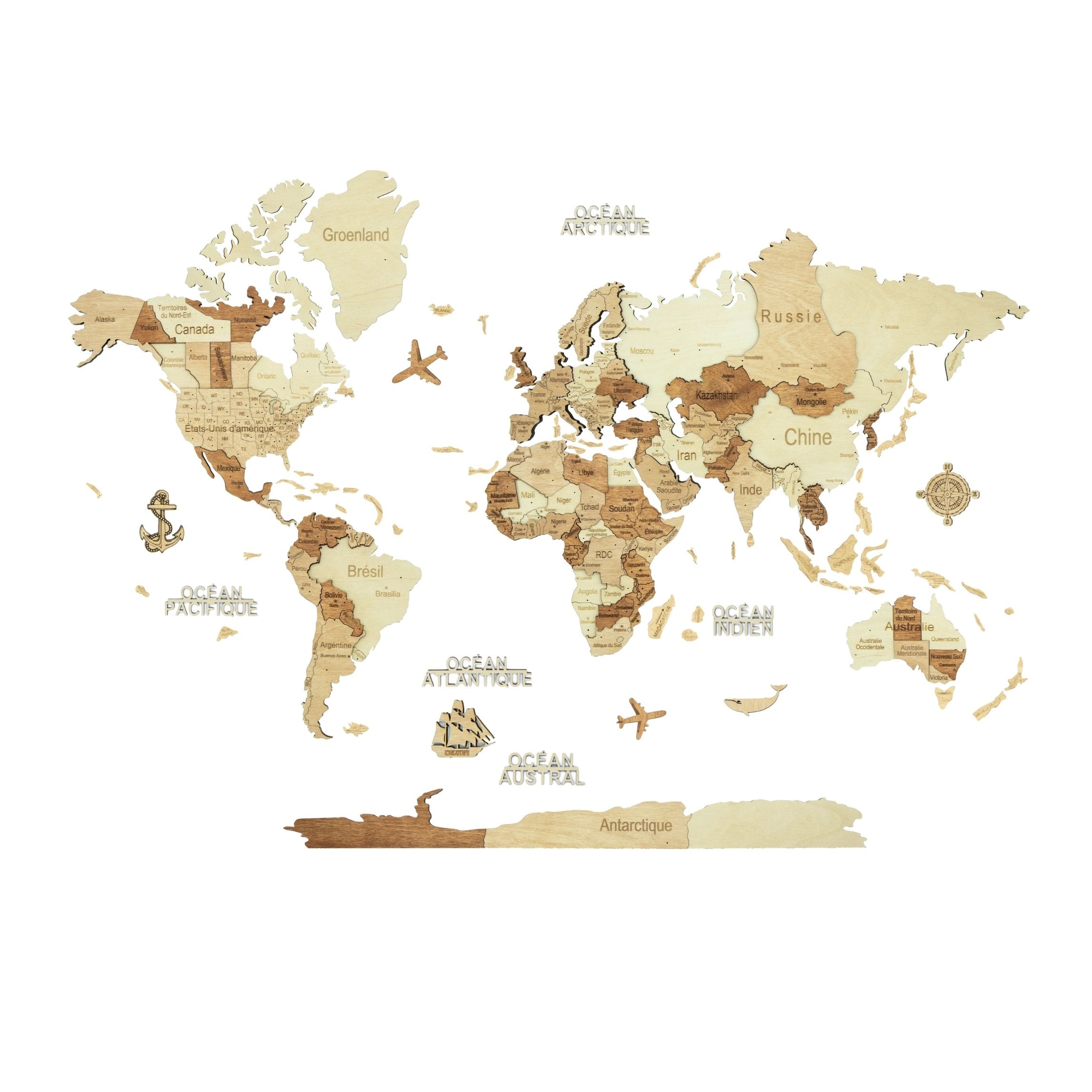 3D Wooden World Map Amber