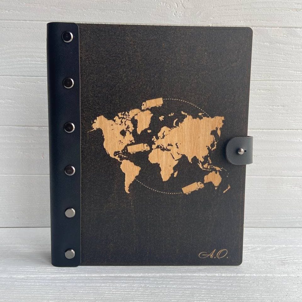 Leather-bound wooden notebook MapMonde