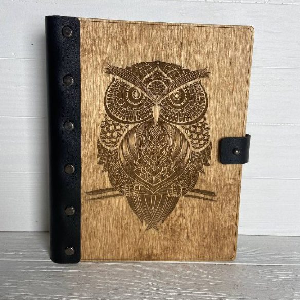 Owl leather-bound wooden notebook