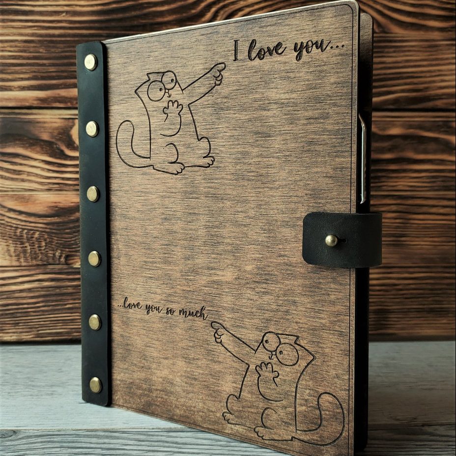 Leather-bound wooden notebook Cat