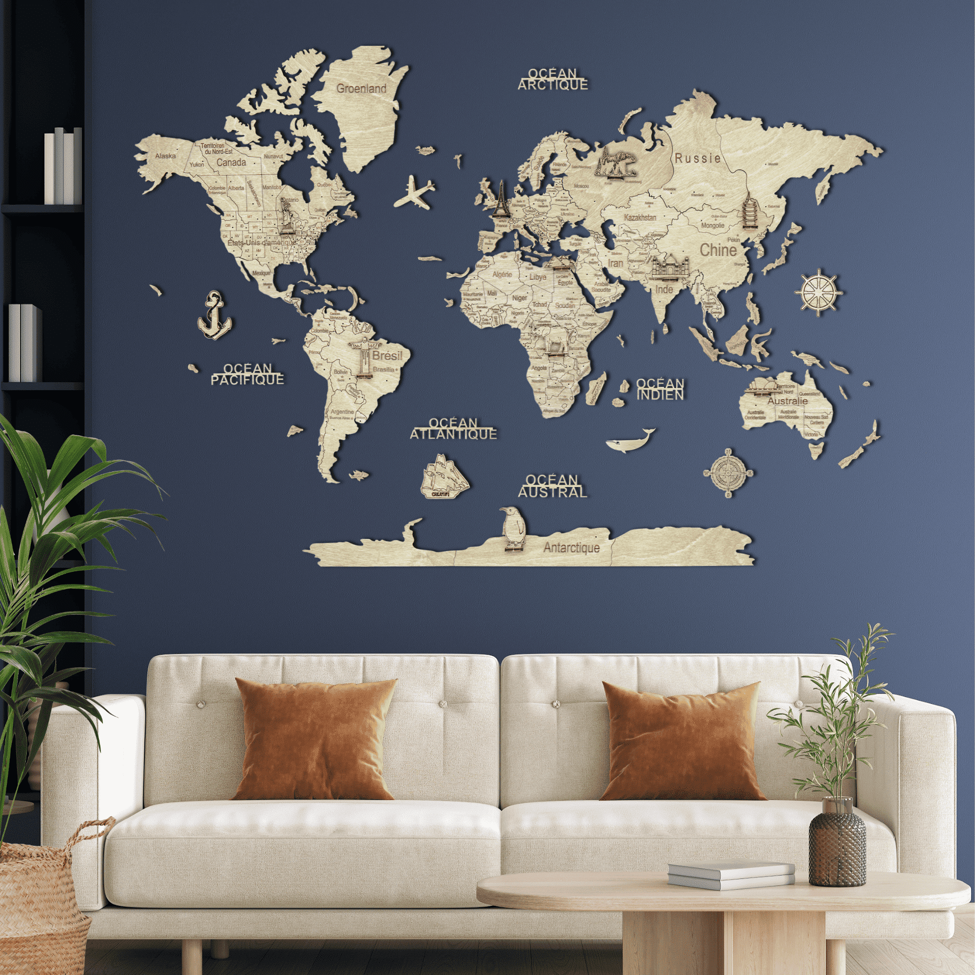 2D wooden world map Light