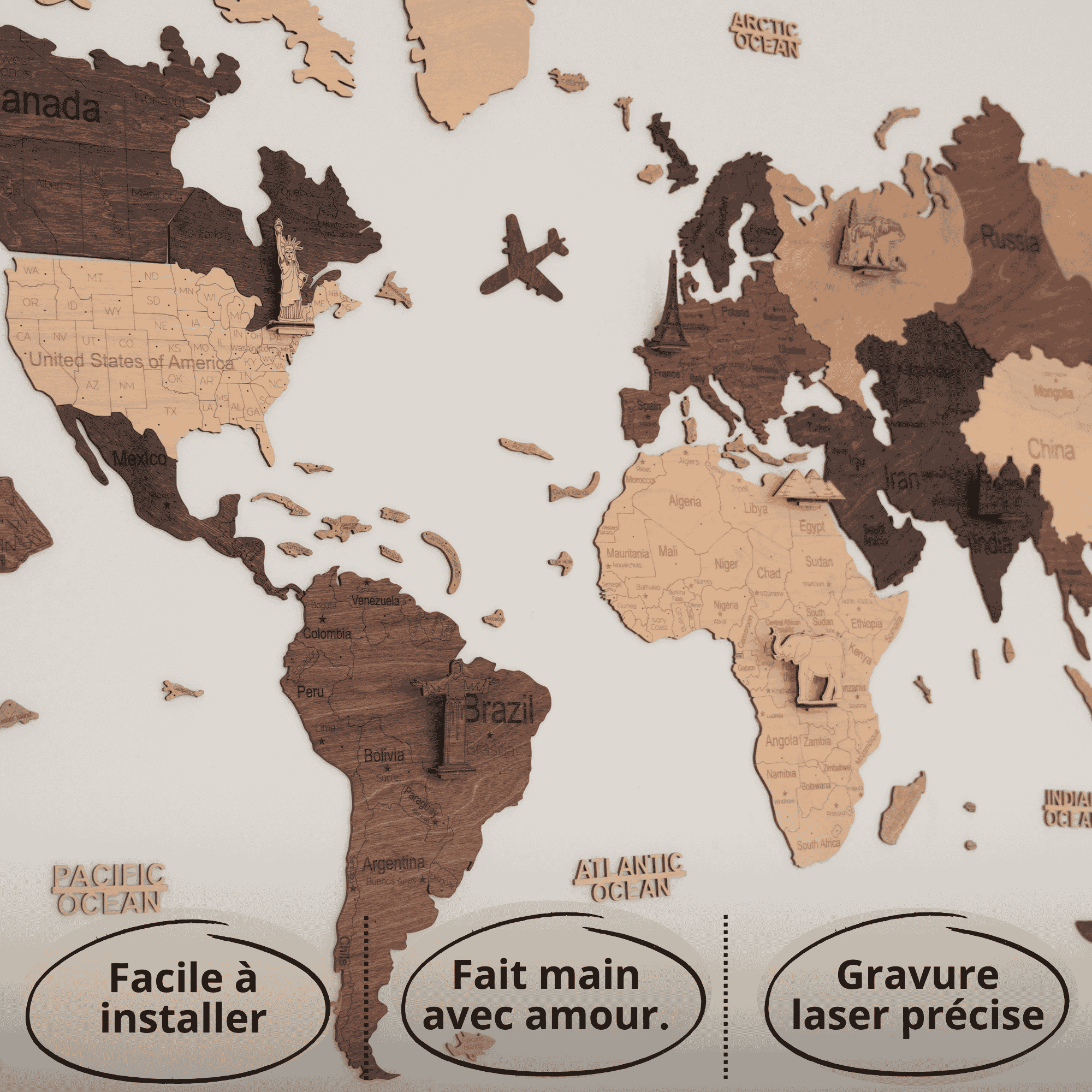 2D Multicolor wooden world map