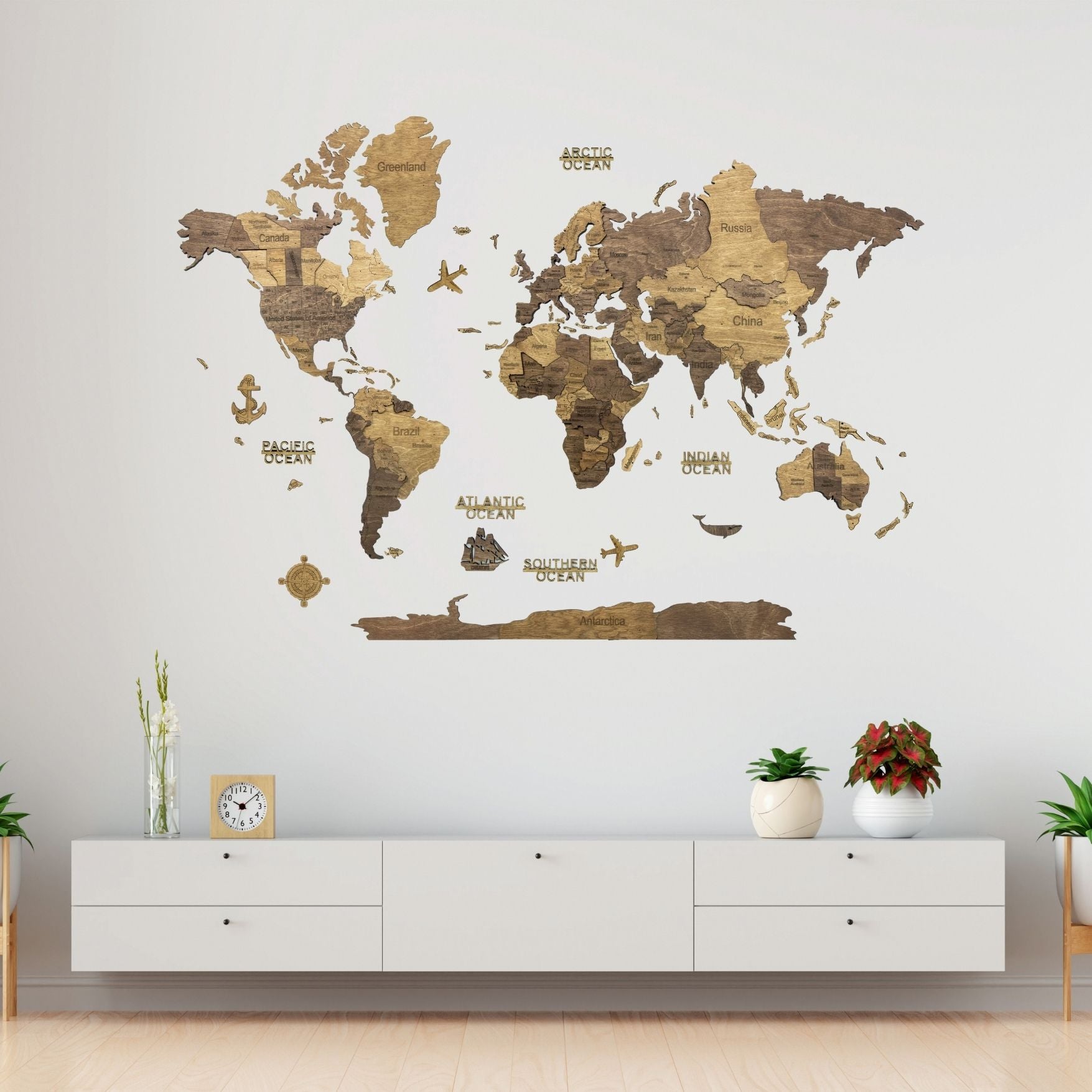 3D Wooden World Map Chocolate