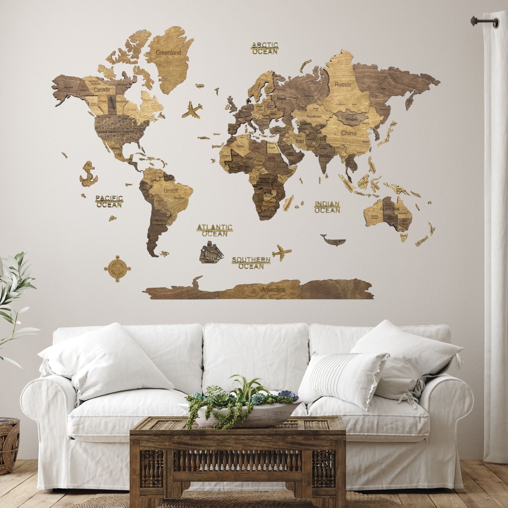 3D Wooden World Map Chocolate