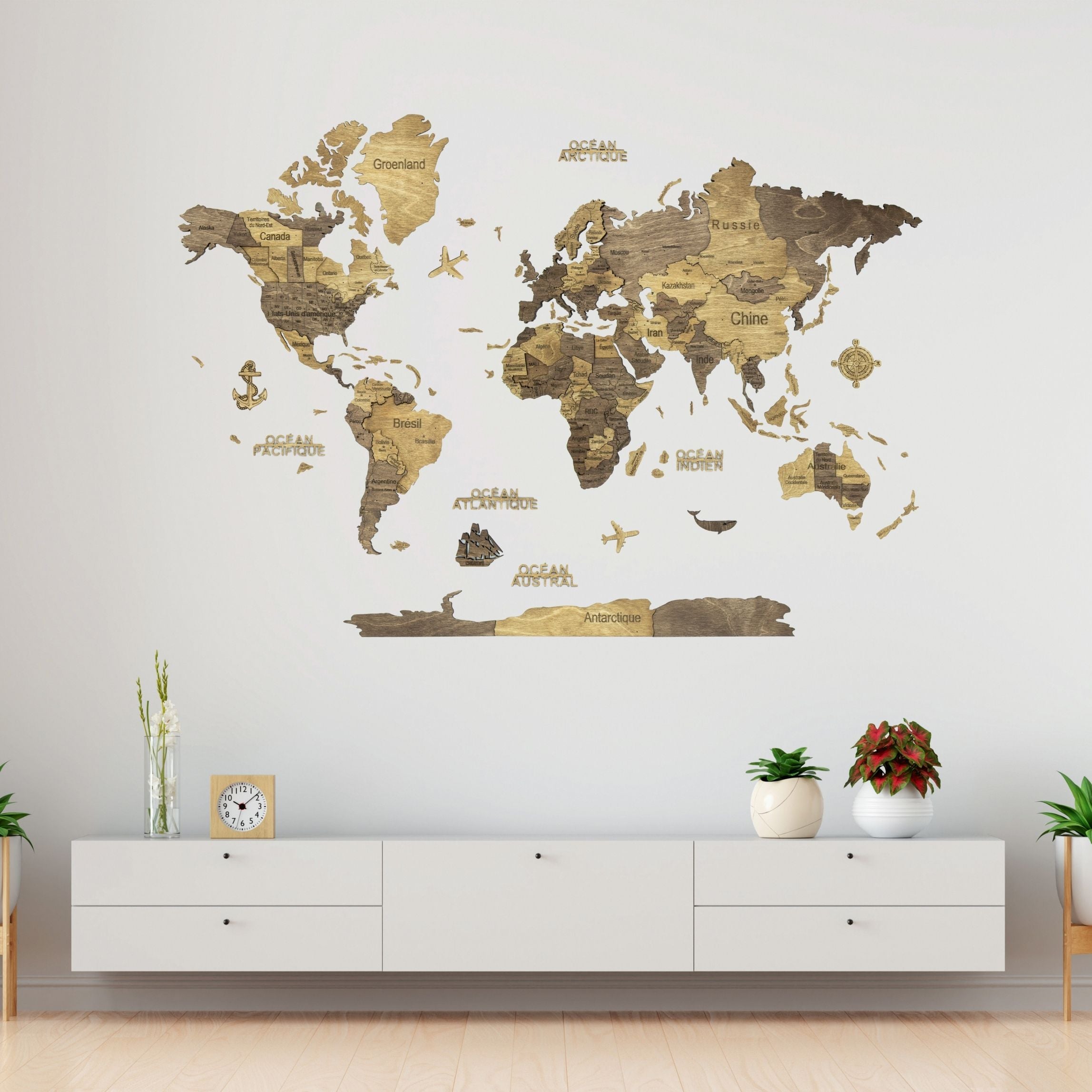 3D Wooden World Map Chocolate