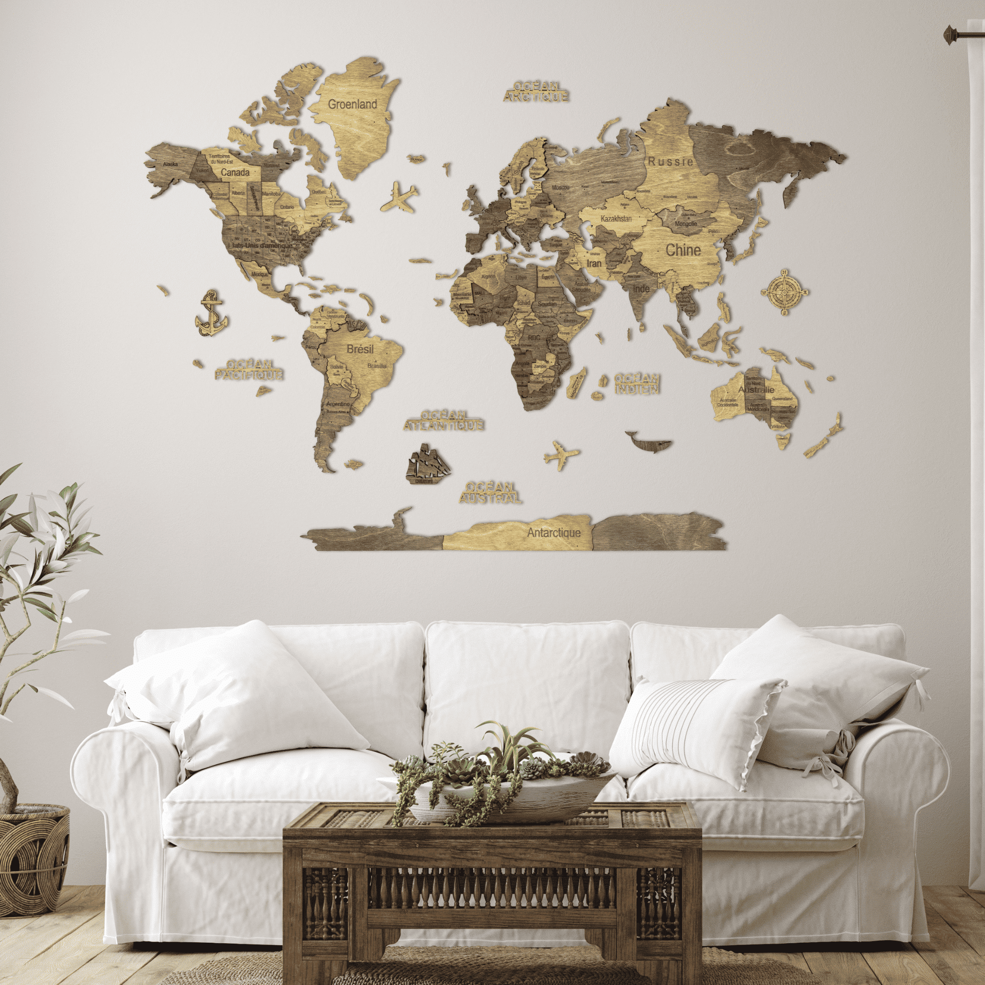3D Wooden World Map Chocolate