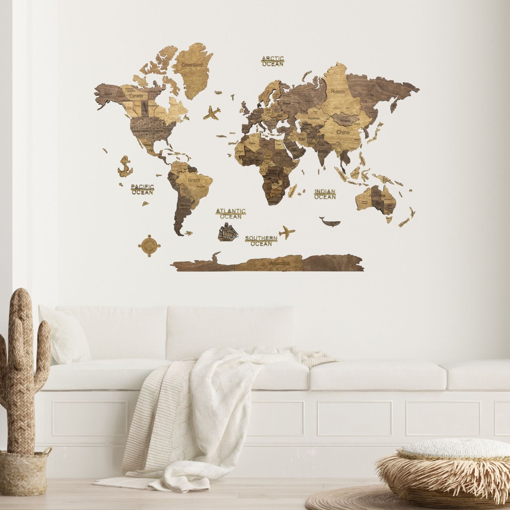 3D Wooden World Map Chocolate
