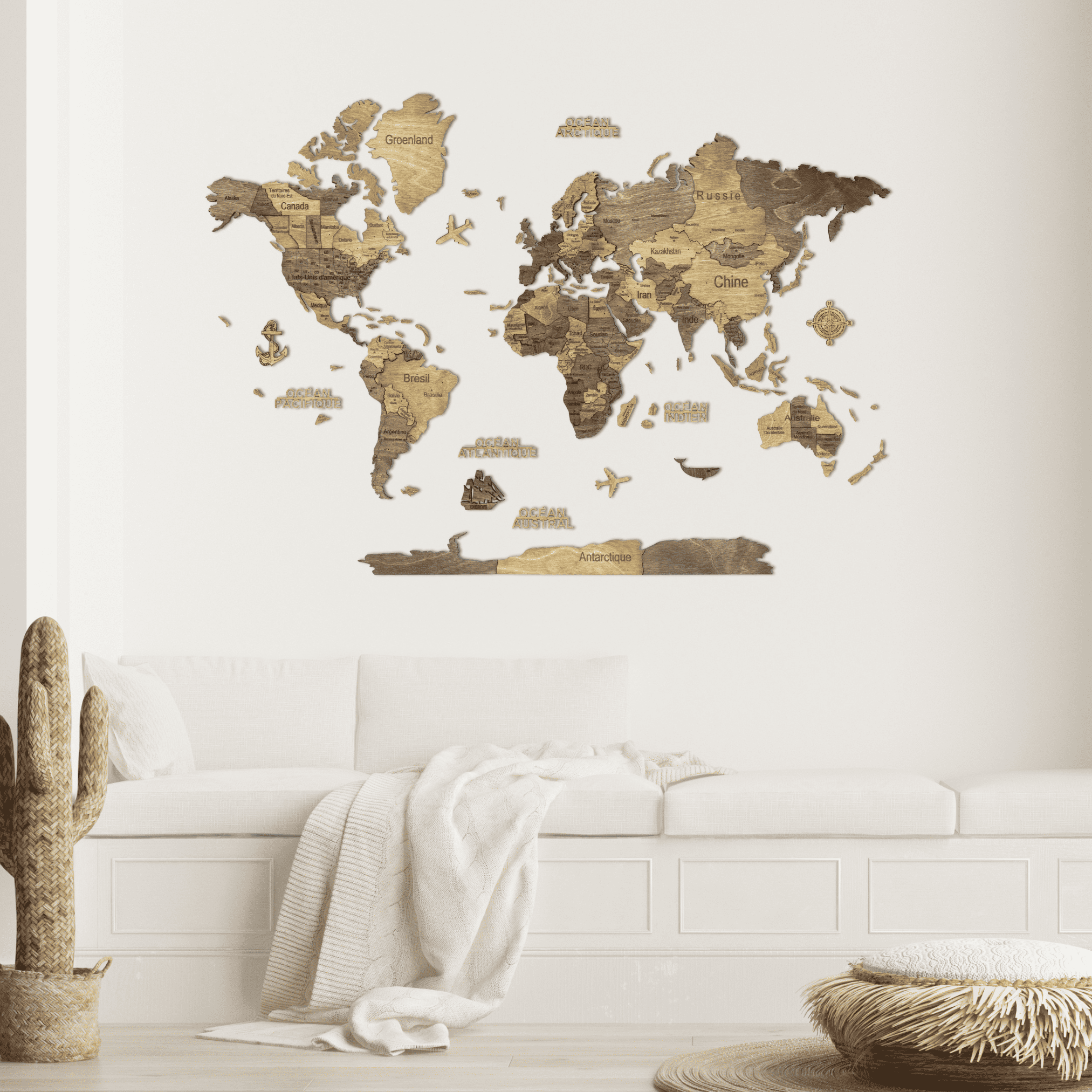 3D Wooden World Map Chocolate