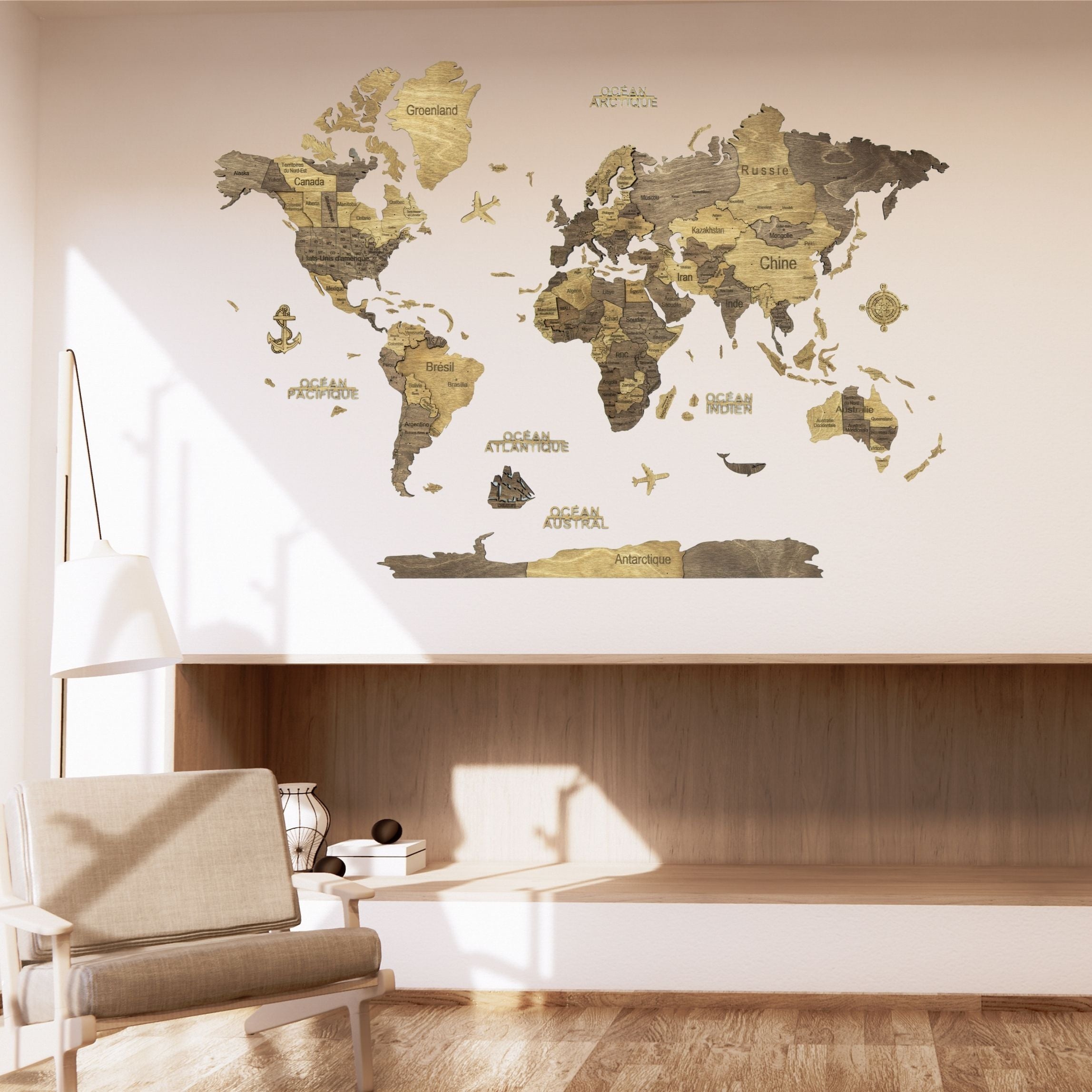 3D Wooden World Map Chocolate