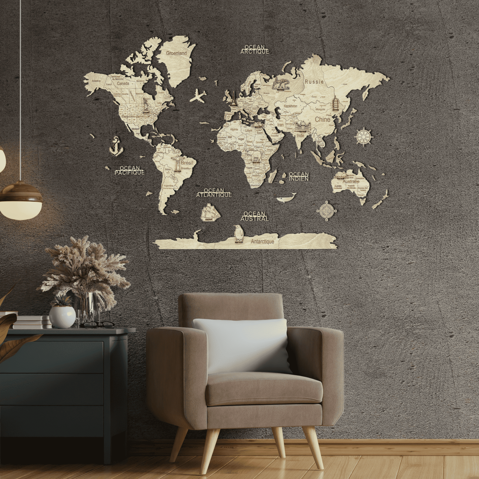 2D wooden world map Light