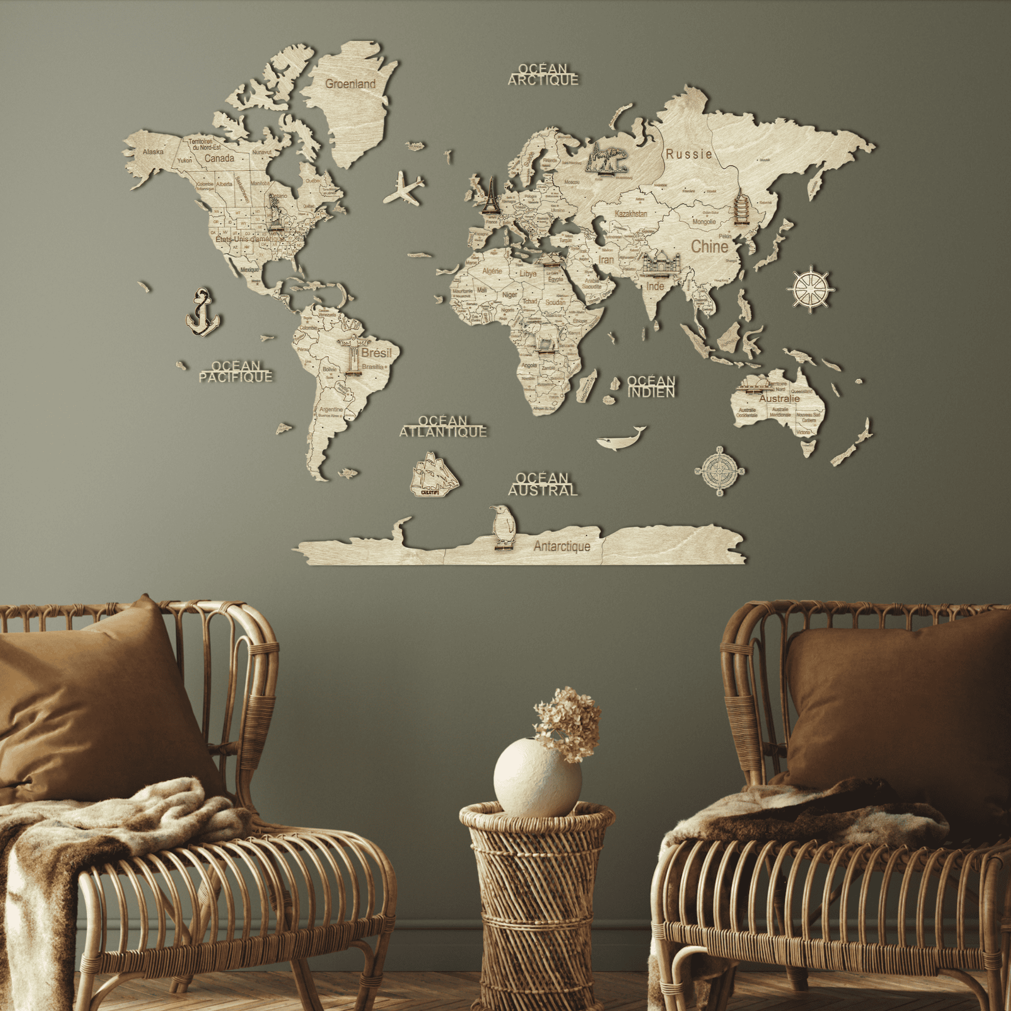 2D wooden world map Light
