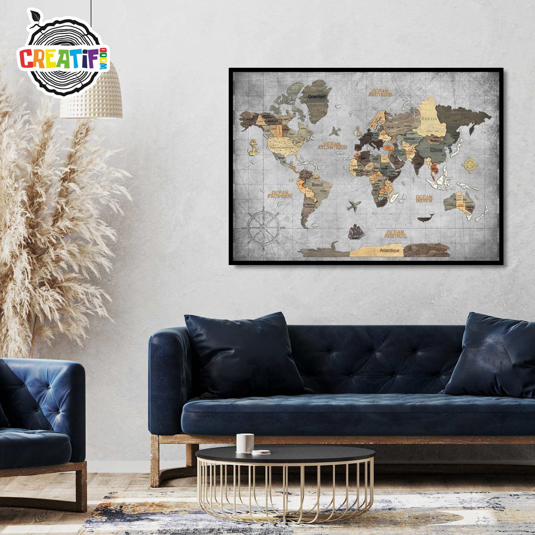 3D Wooden World Map Graphite – Framed Panel