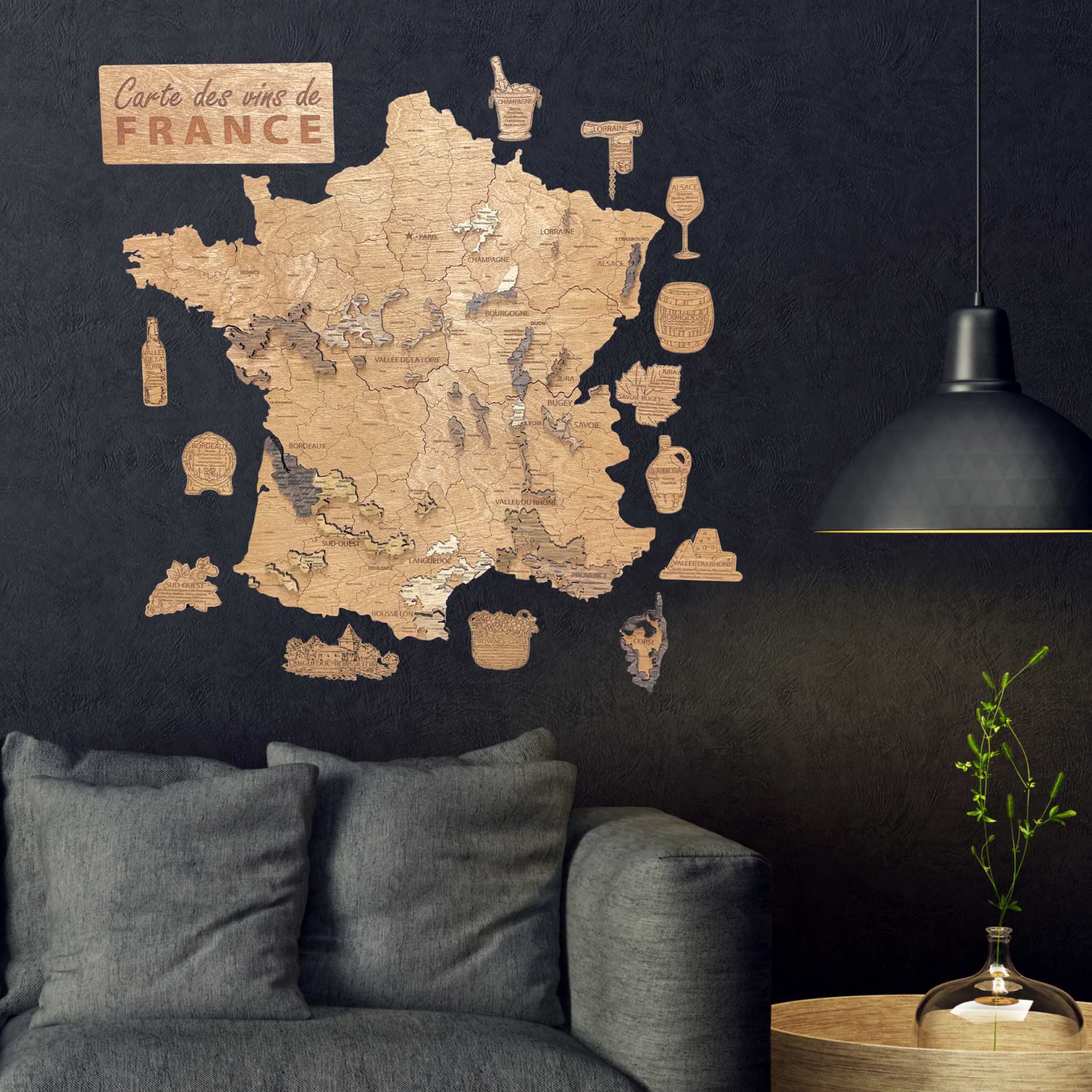 Wooden wine map of France ( 58*58 cm)
