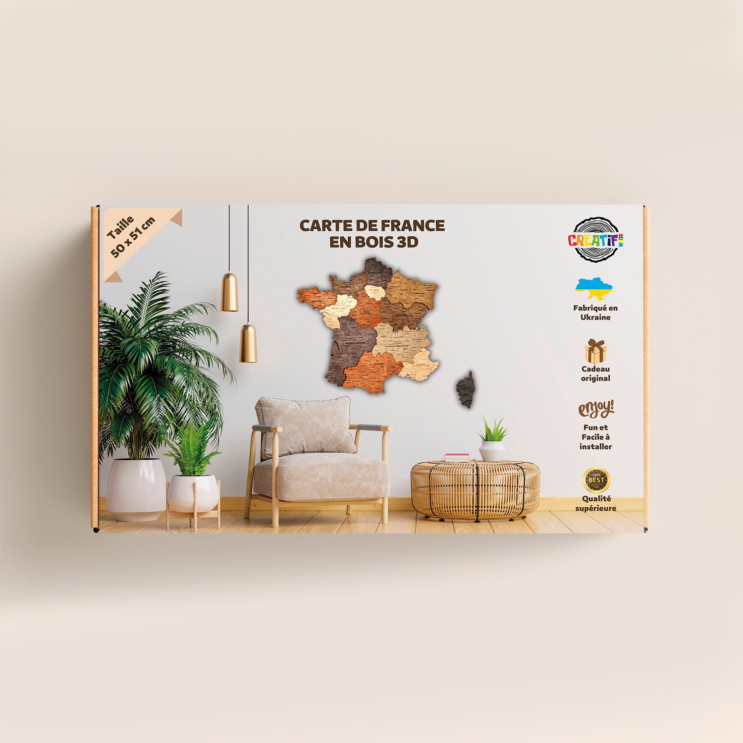 Multicolor 3D wooden map of France