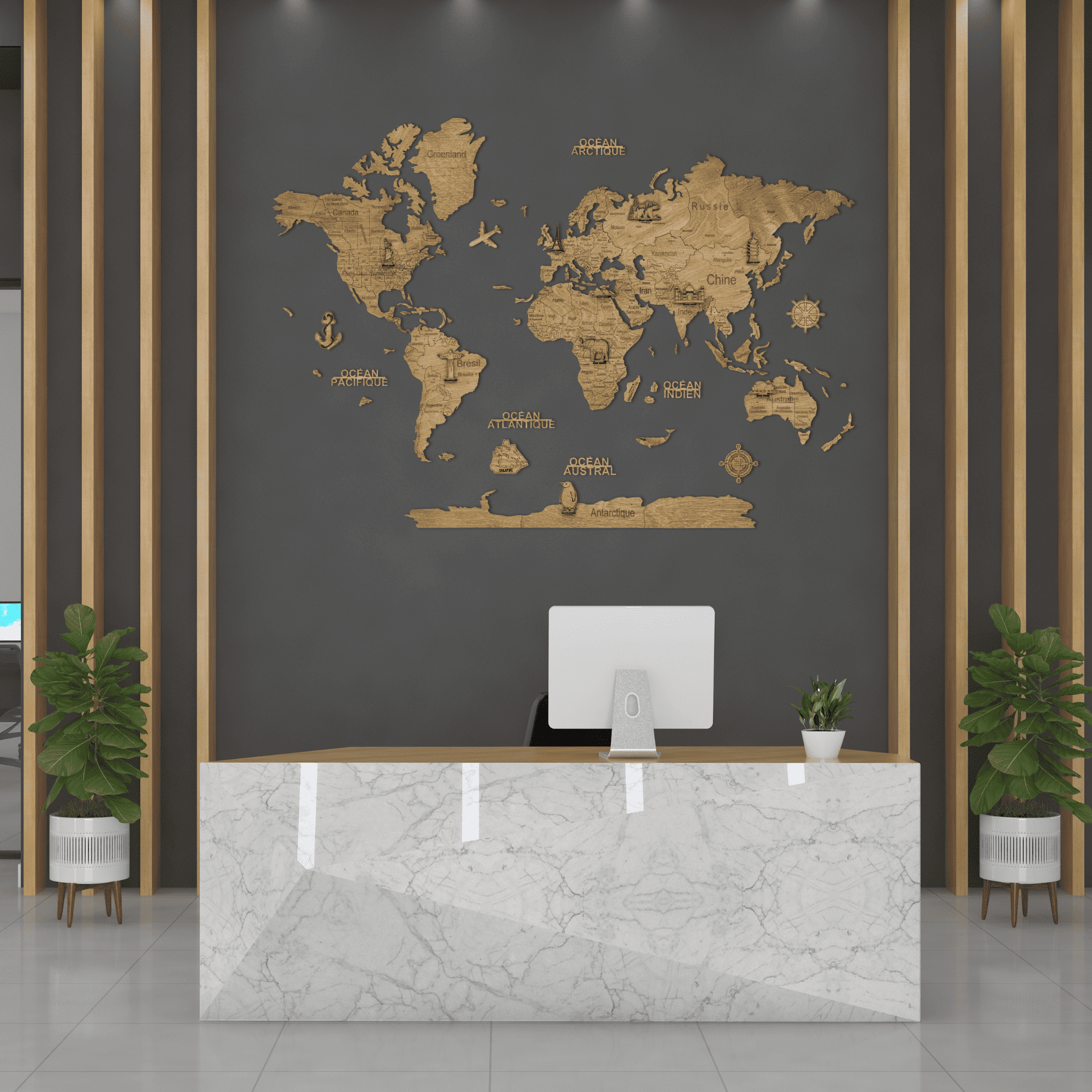 2D Wooden World Map Dark