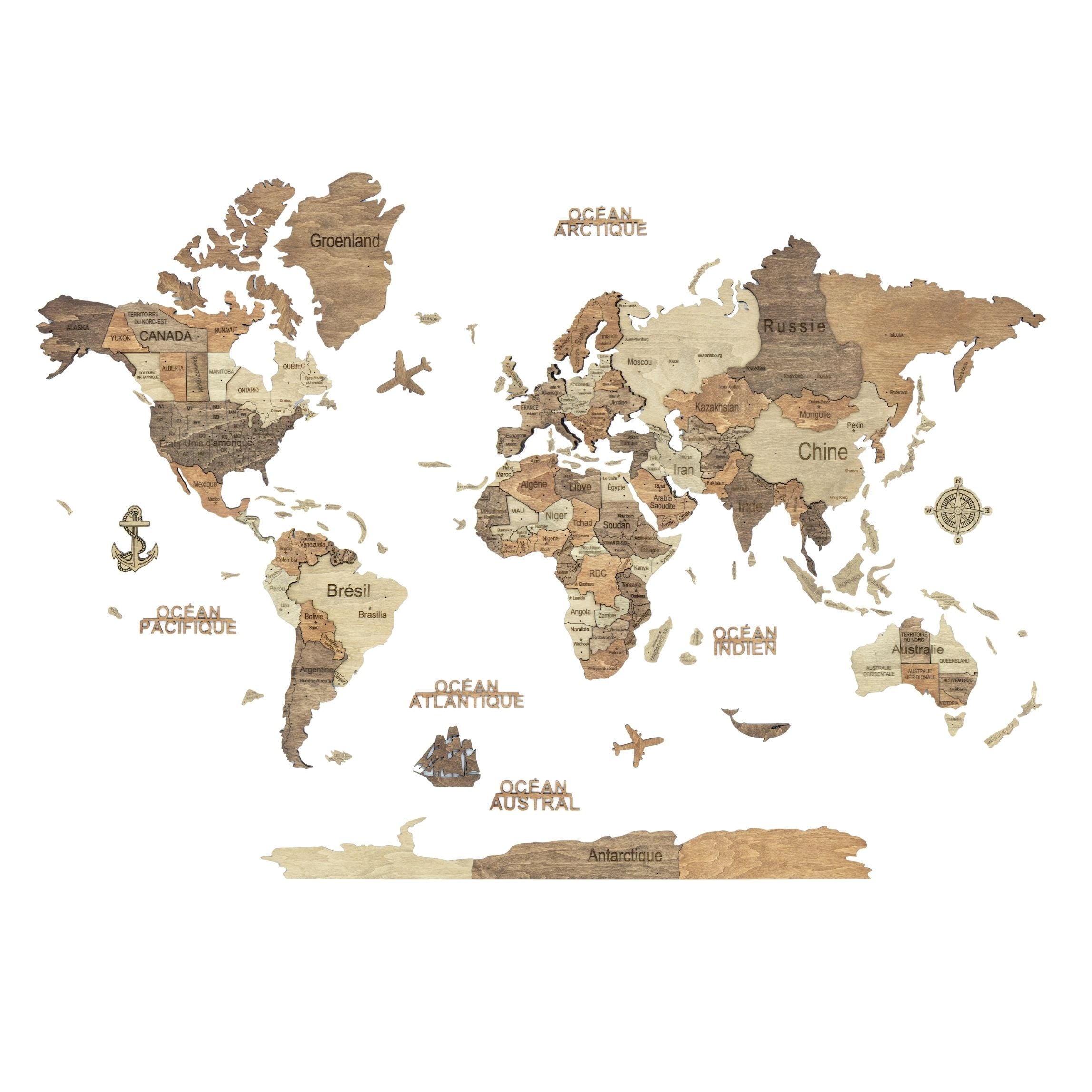 3D Wooden World Map Dark