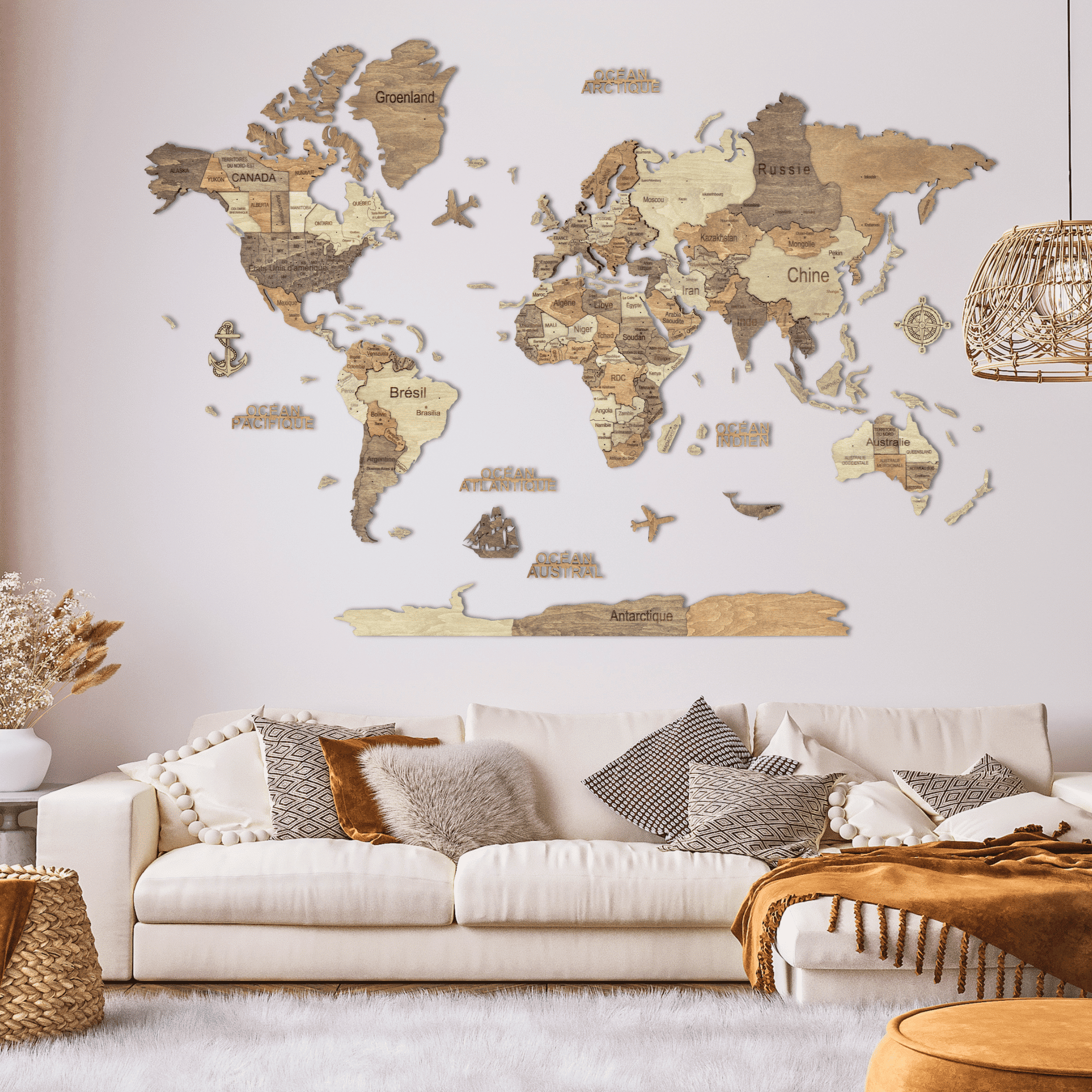 3D Wooden World Map Dark