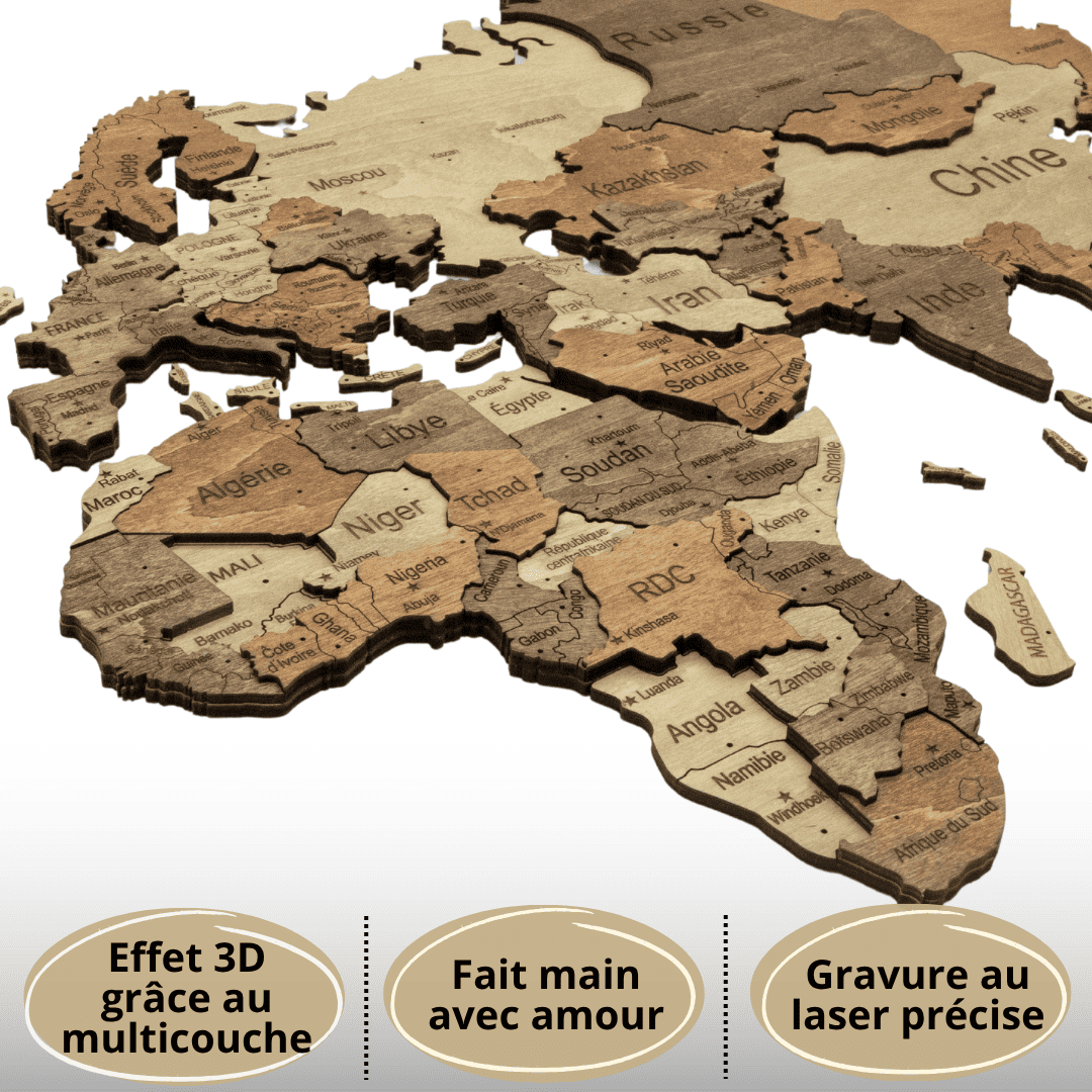 3D Wooden World Map Dark
