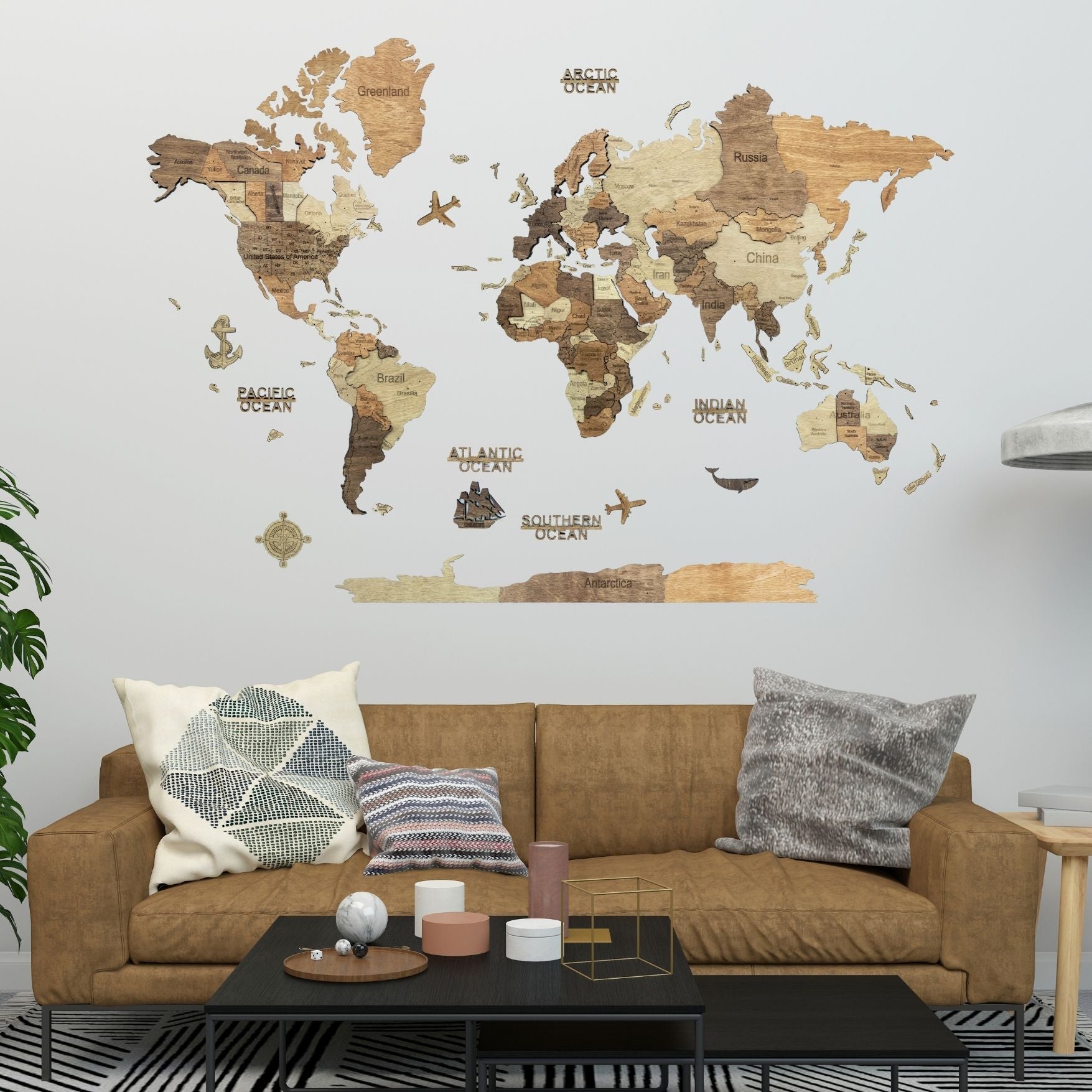 3D Wooden World Map Dark