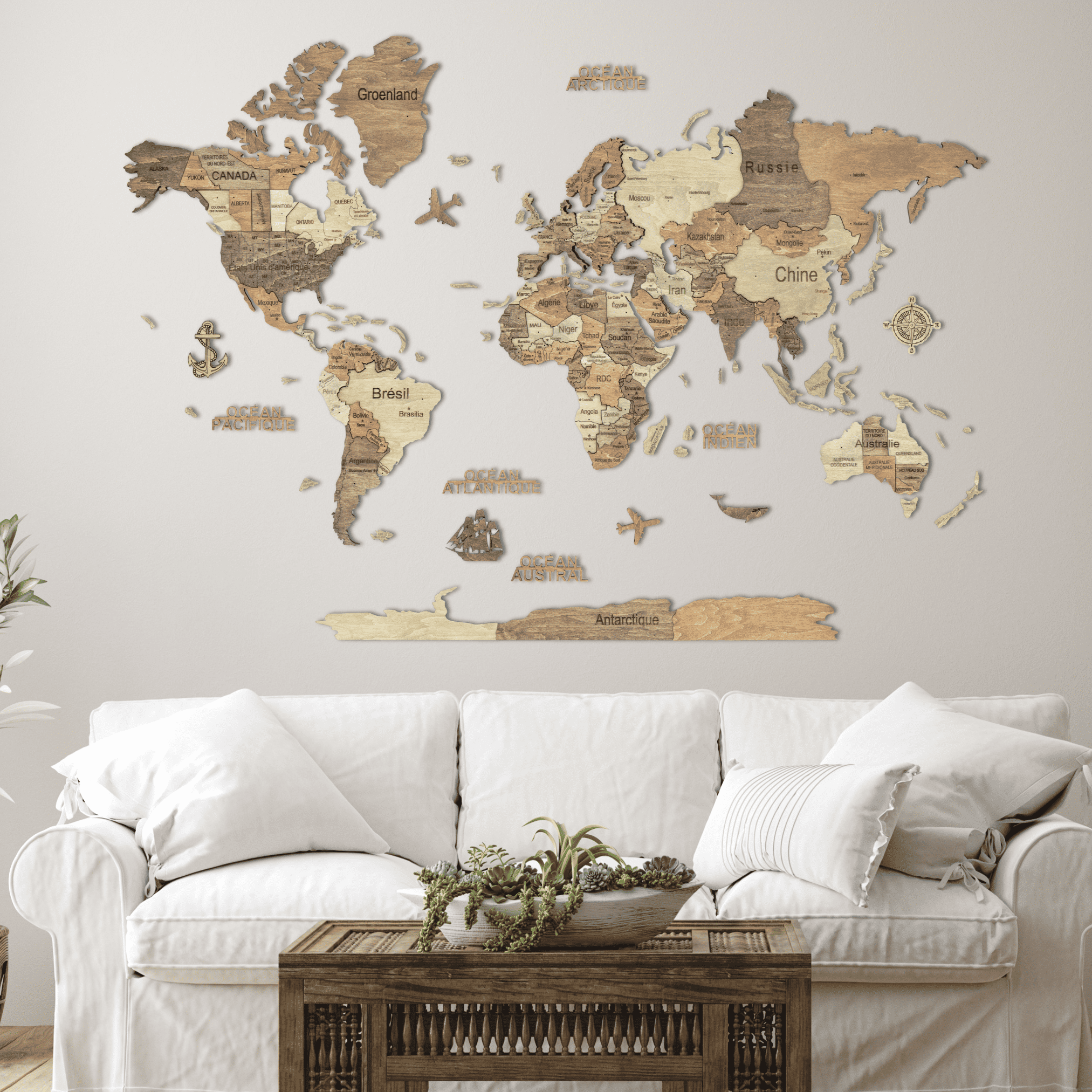 3D Wooden World Map Dark