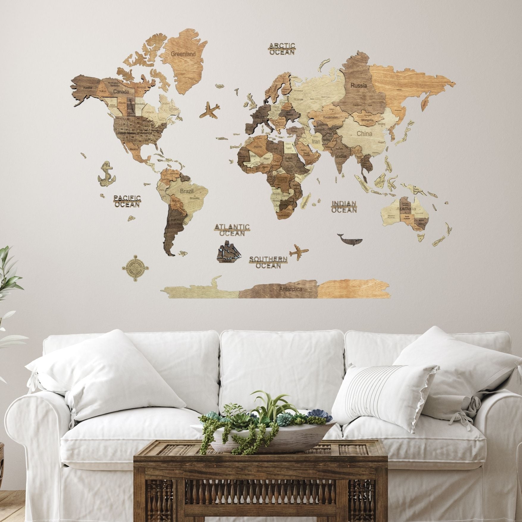 3D Wooden World Map Dark