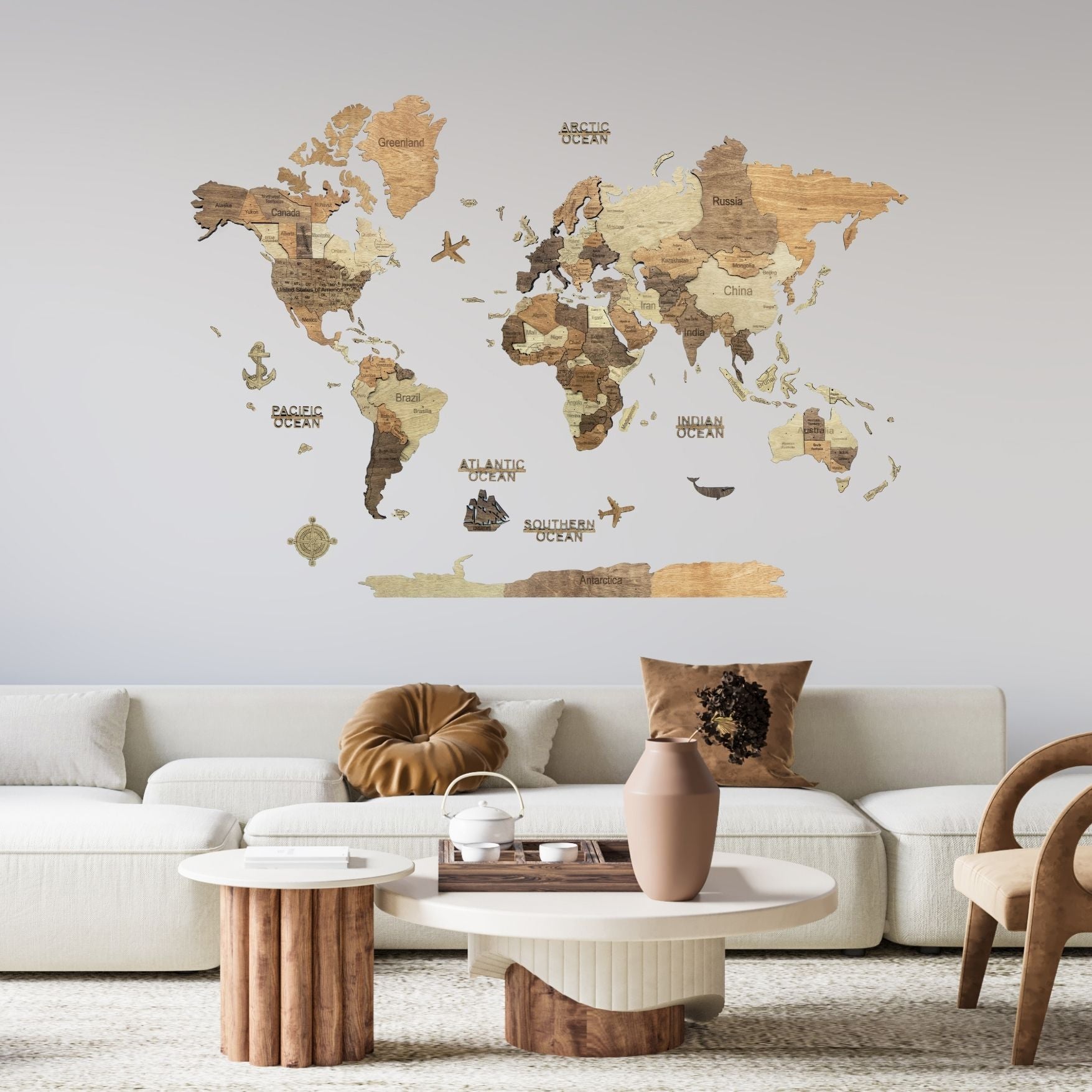 3D Wooden World Map Dark
