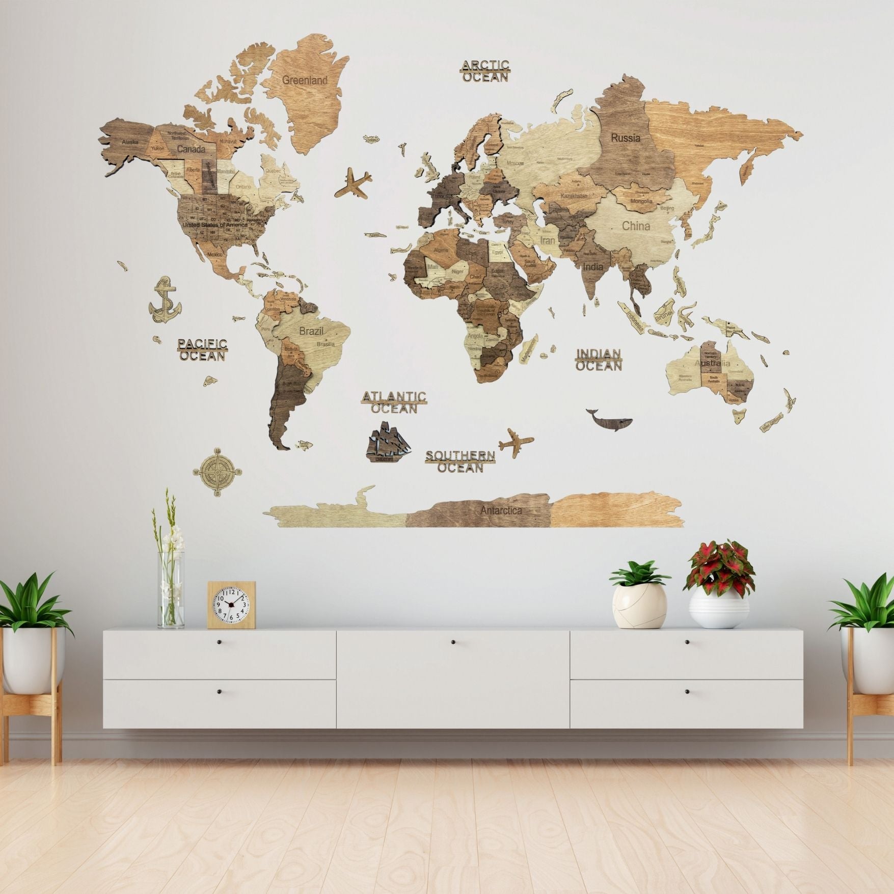 3D Wooden World Map Dark