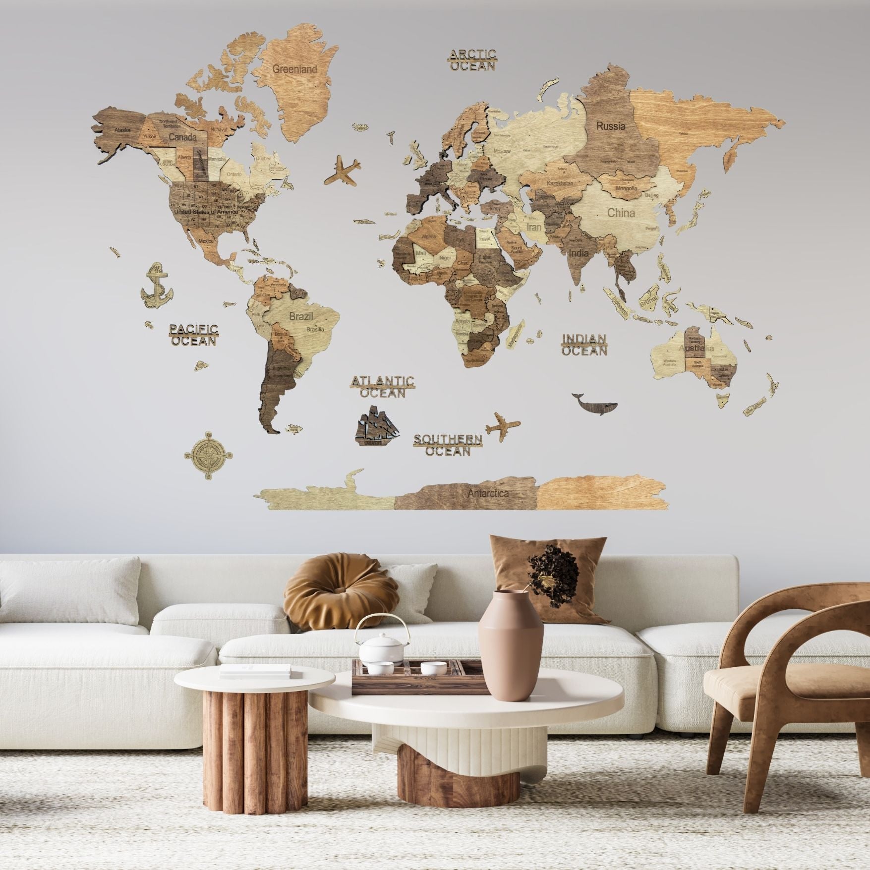 3D Wooden World Map Dark