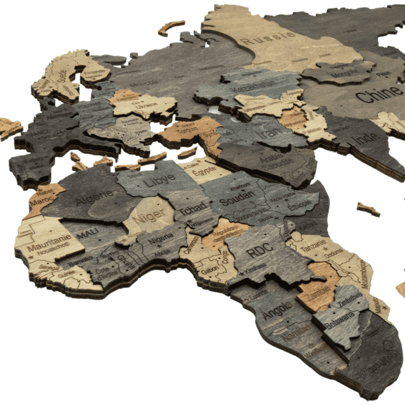 3D Wooden World Map Graphite – Framed Panel