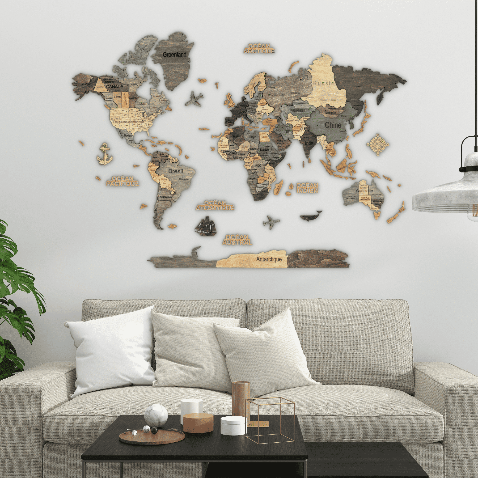 3D Wooden World Map Graphite
