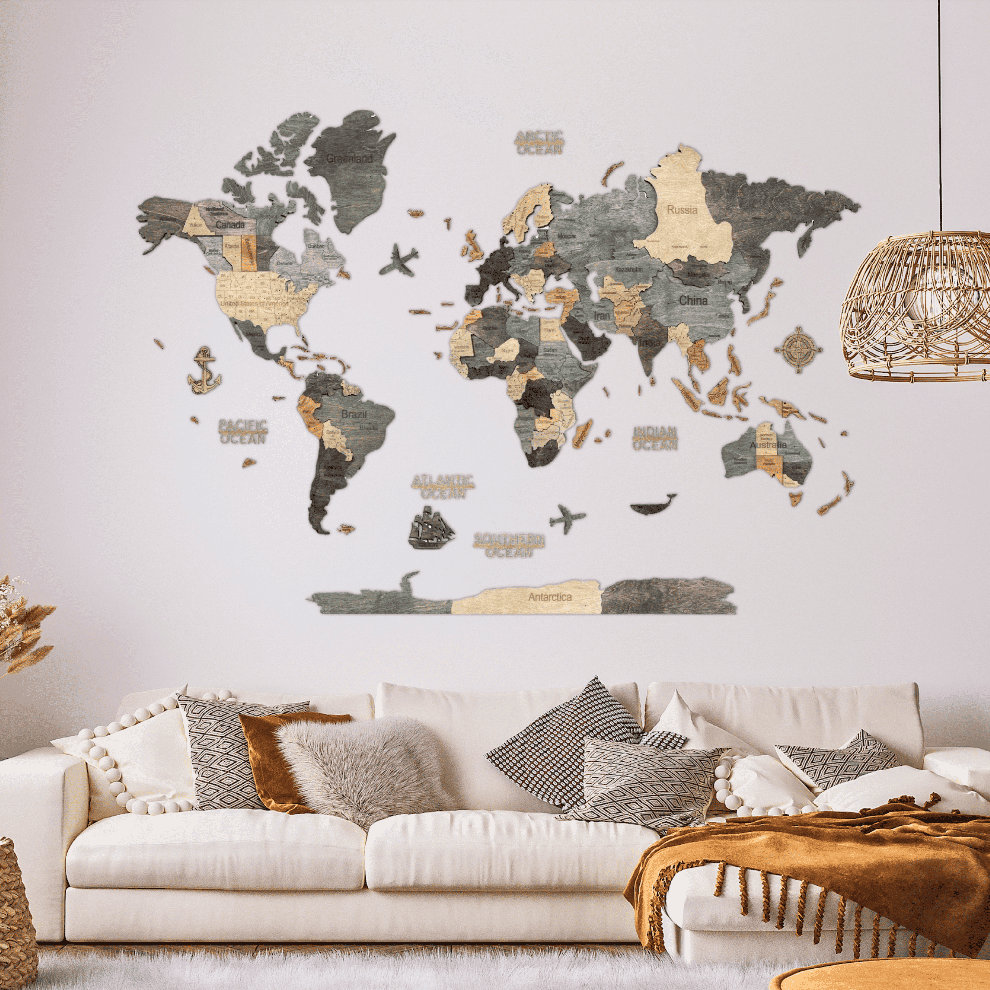 3D Wooden World Map Graphite