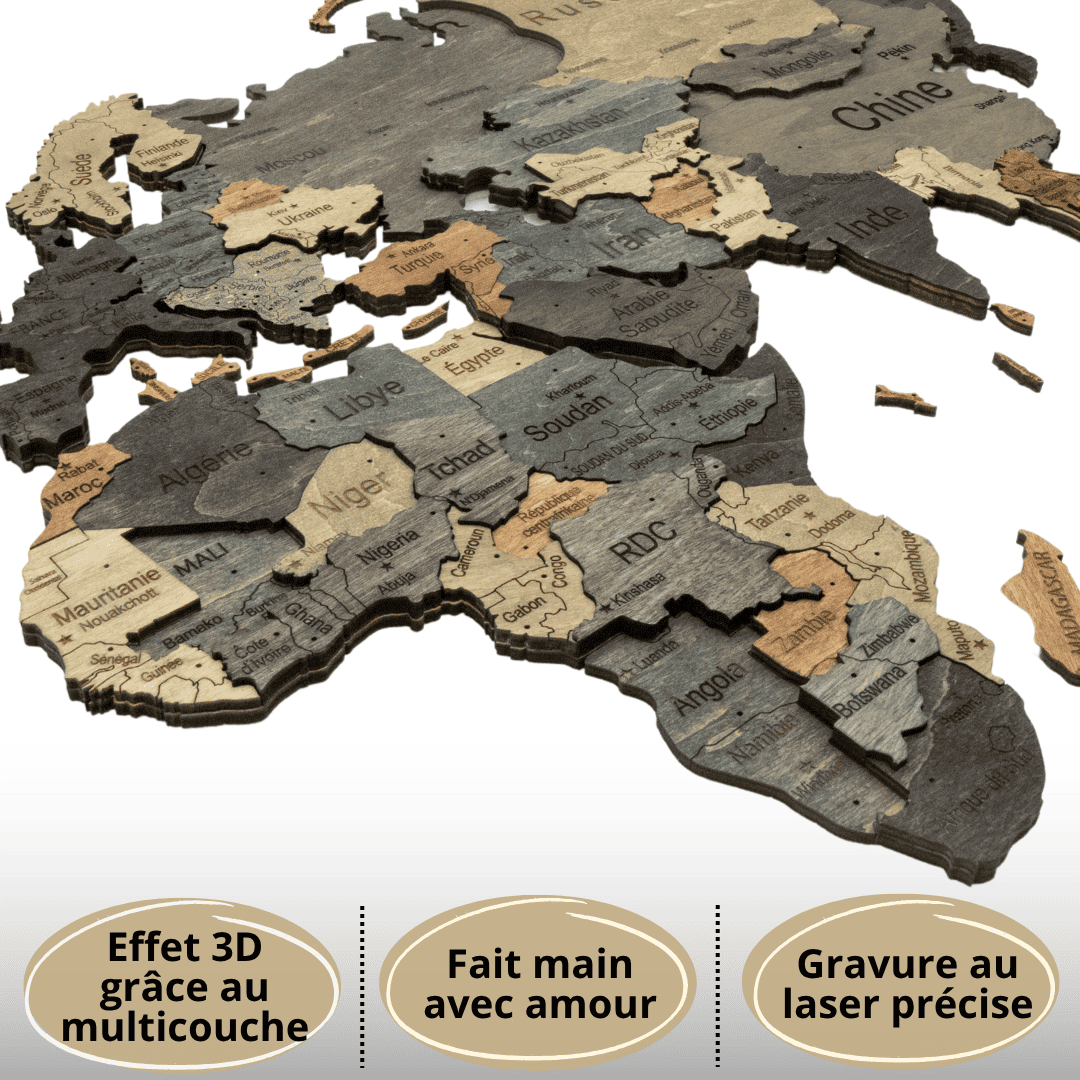 3D Wooden World Map Graphite