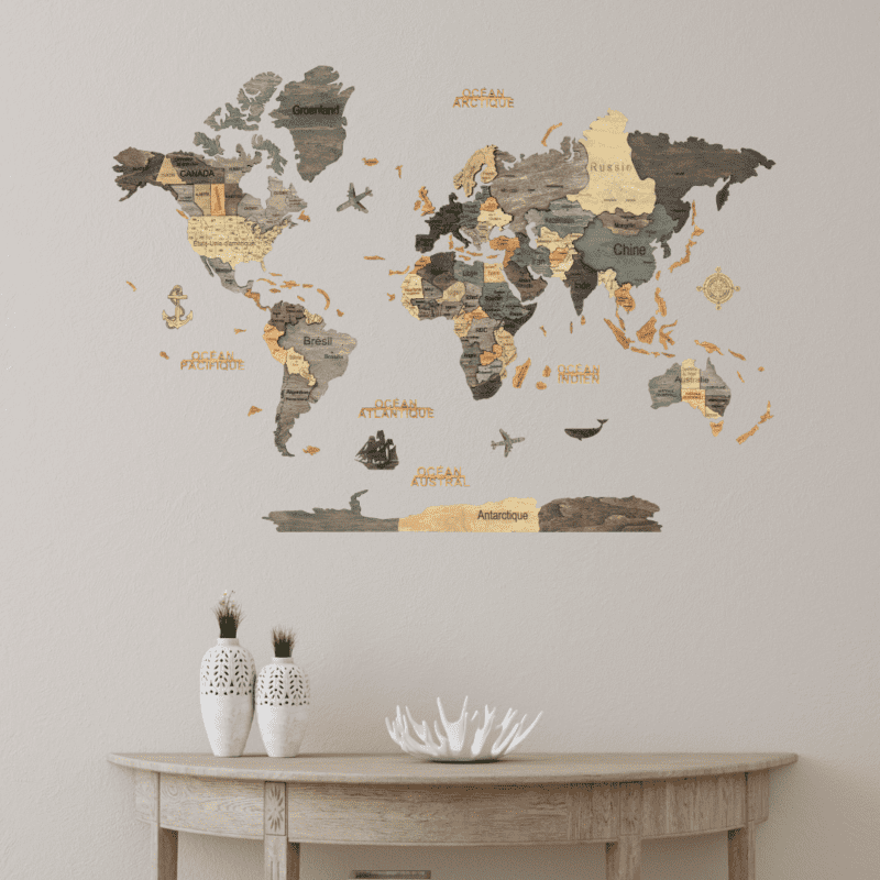 3D Wooden World Map Graphite