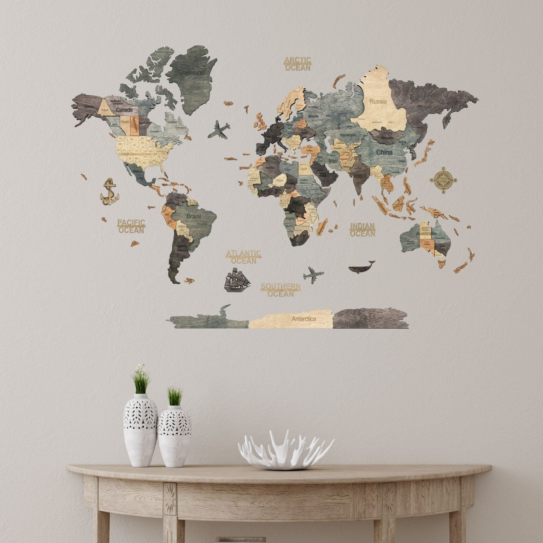 3D Wooden World Map Graphite