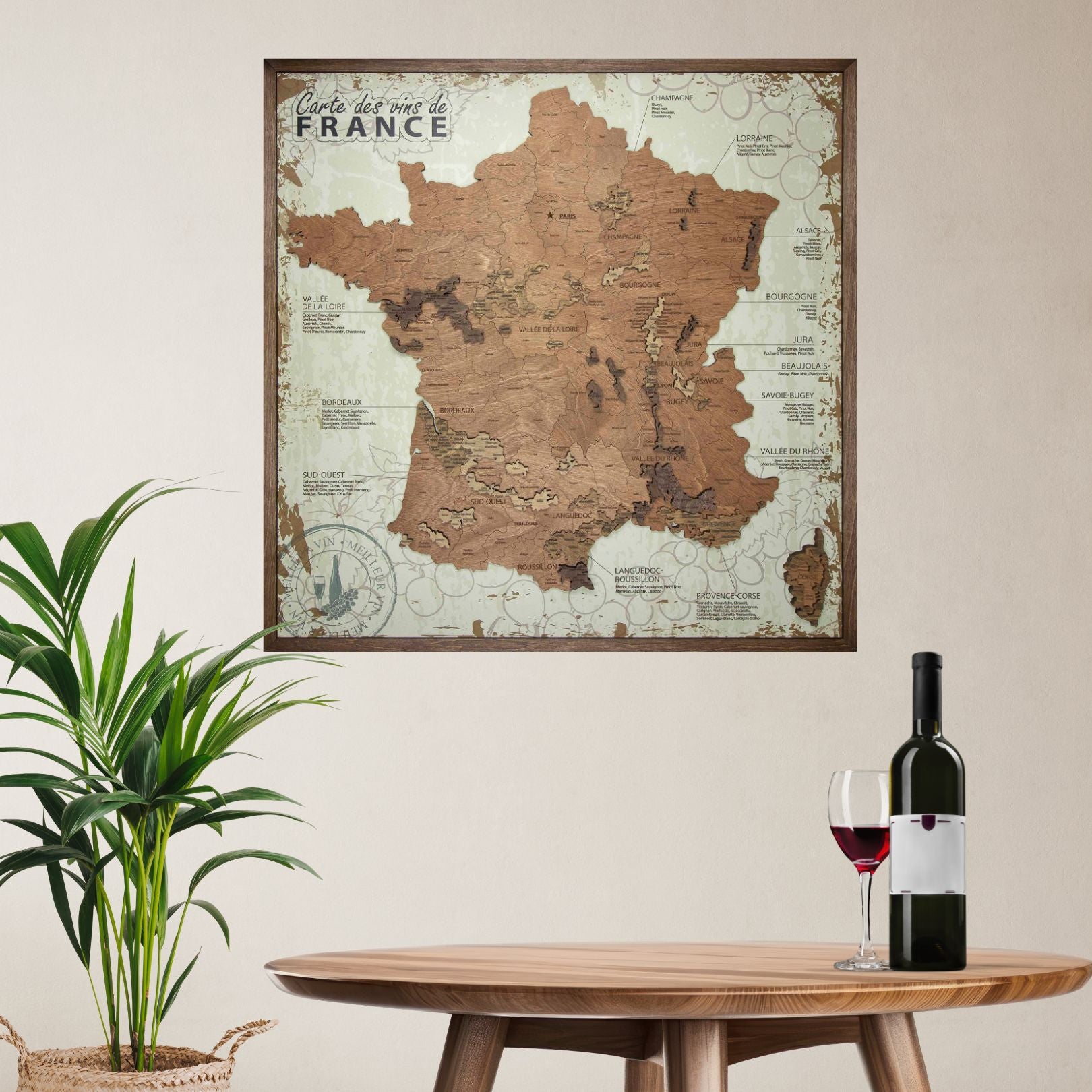 Tableau Carte des vins de France sur panneau blanc