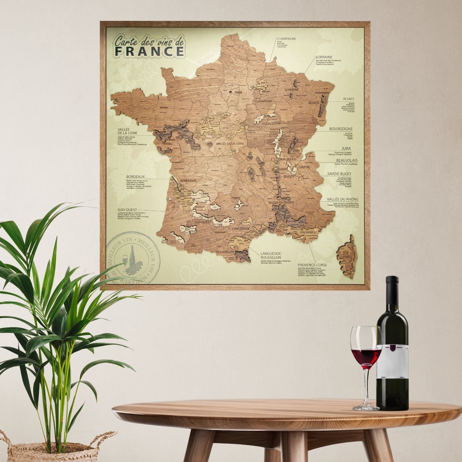 Tableau Carte des vins de France sur panneau beige