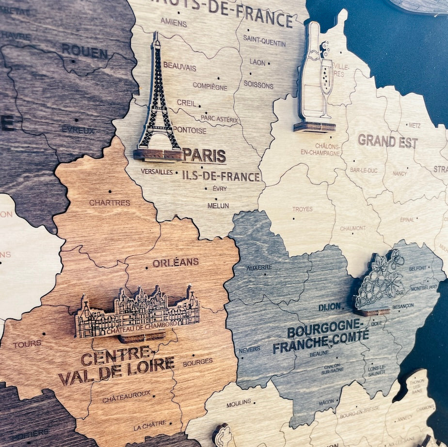 2D Multicolor wooden map of France