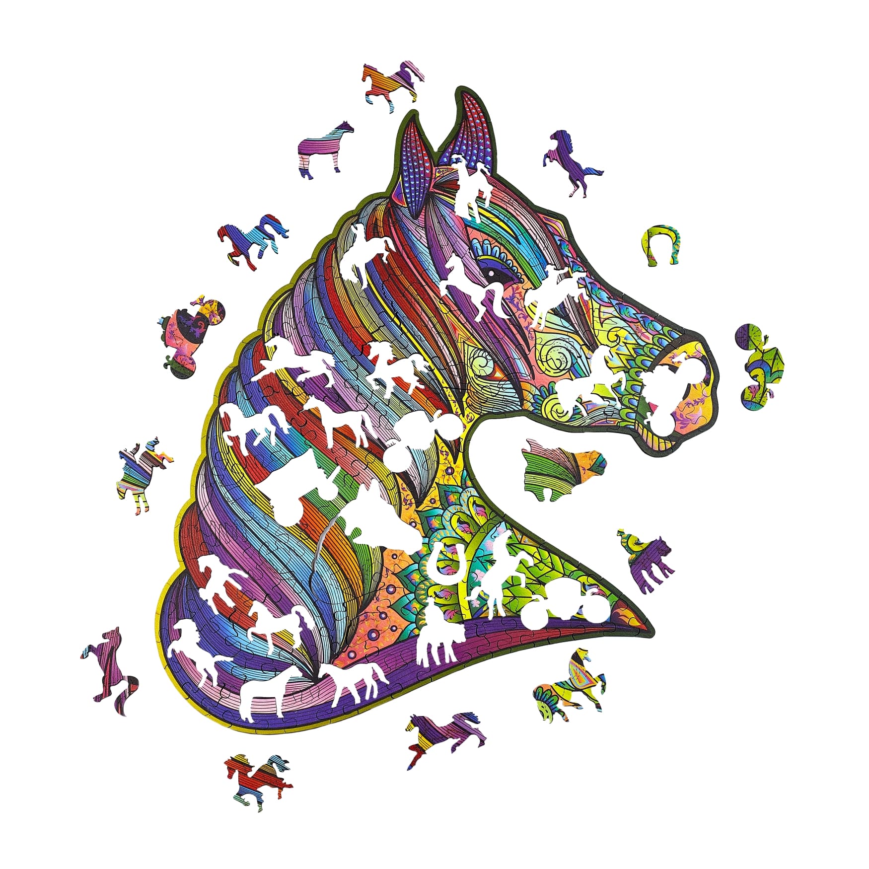 Colorful horse head puzzle with small horse pieces on a white background
