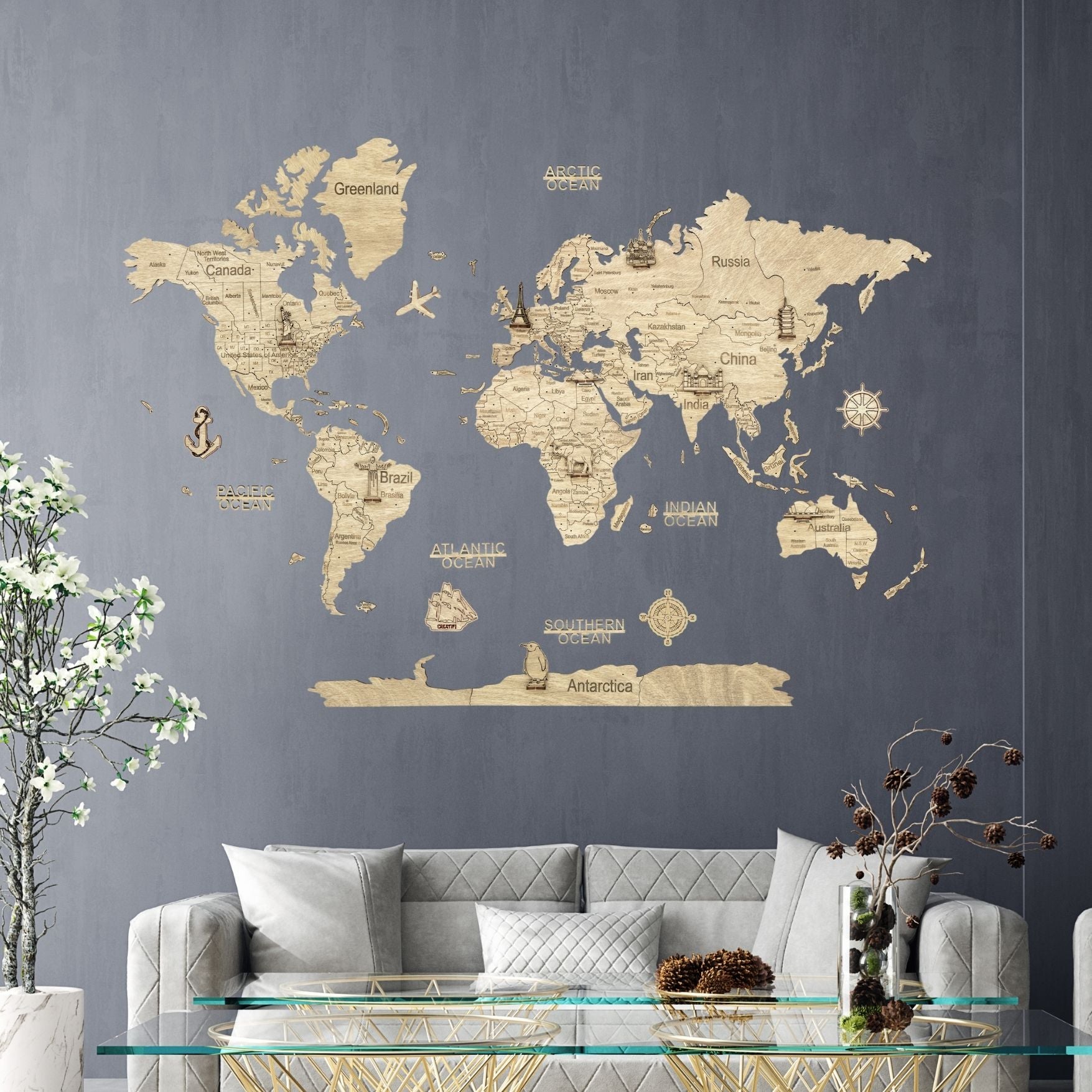 2D Wooden World Map Light