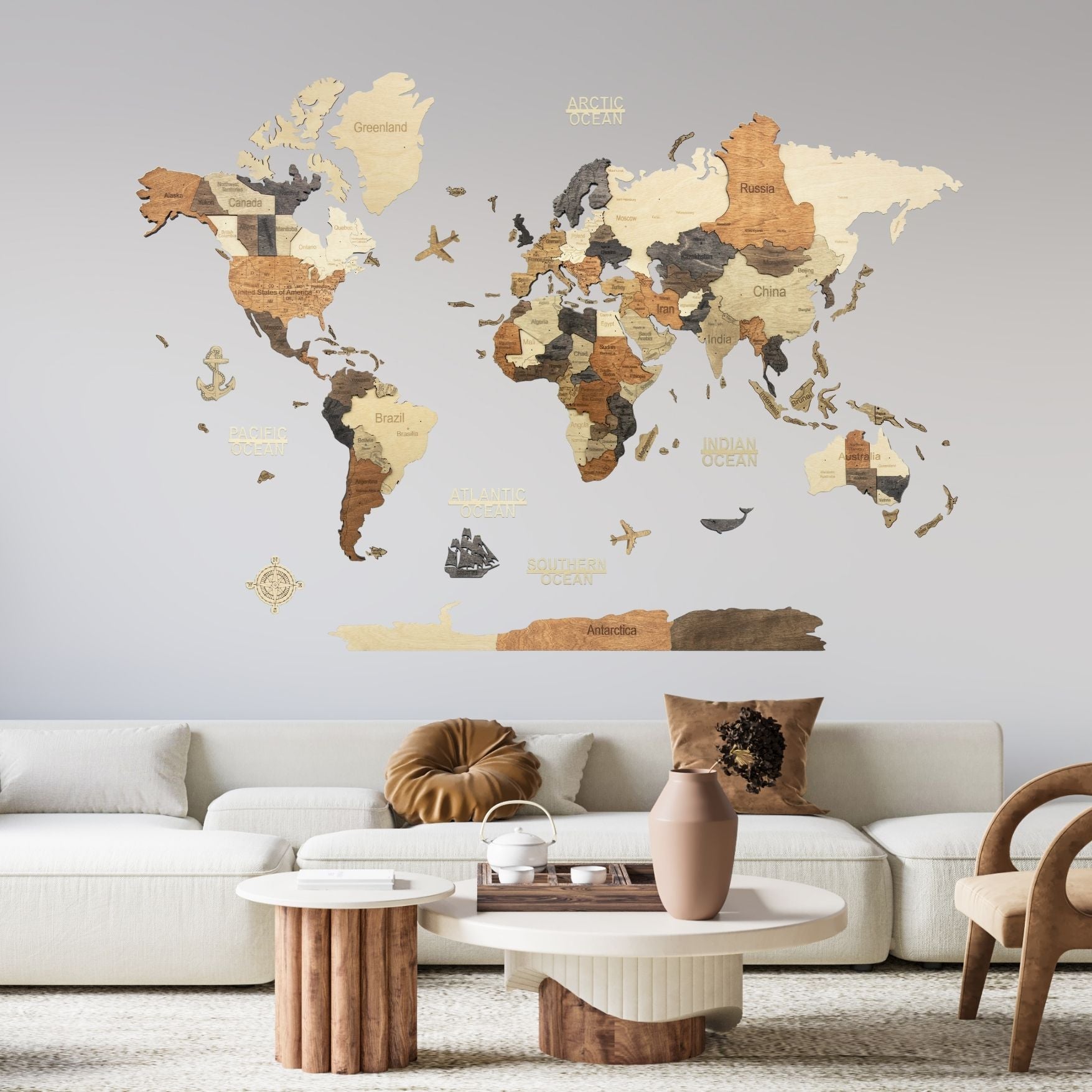 3D Wooden World Map Multicolor