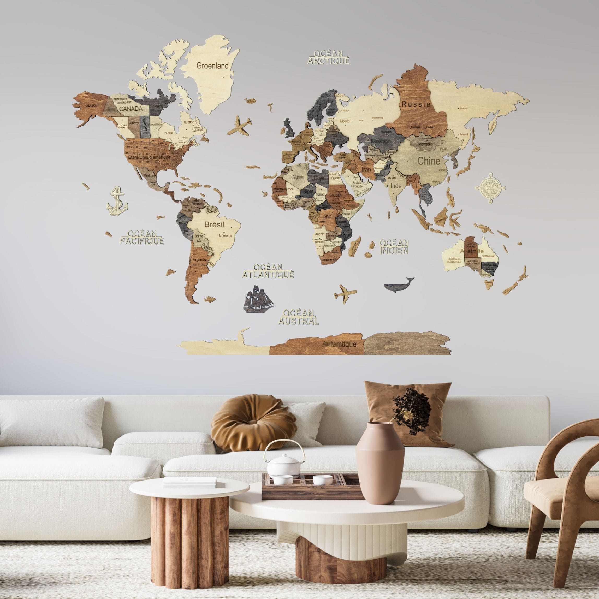 3D wooden world map Multicolor