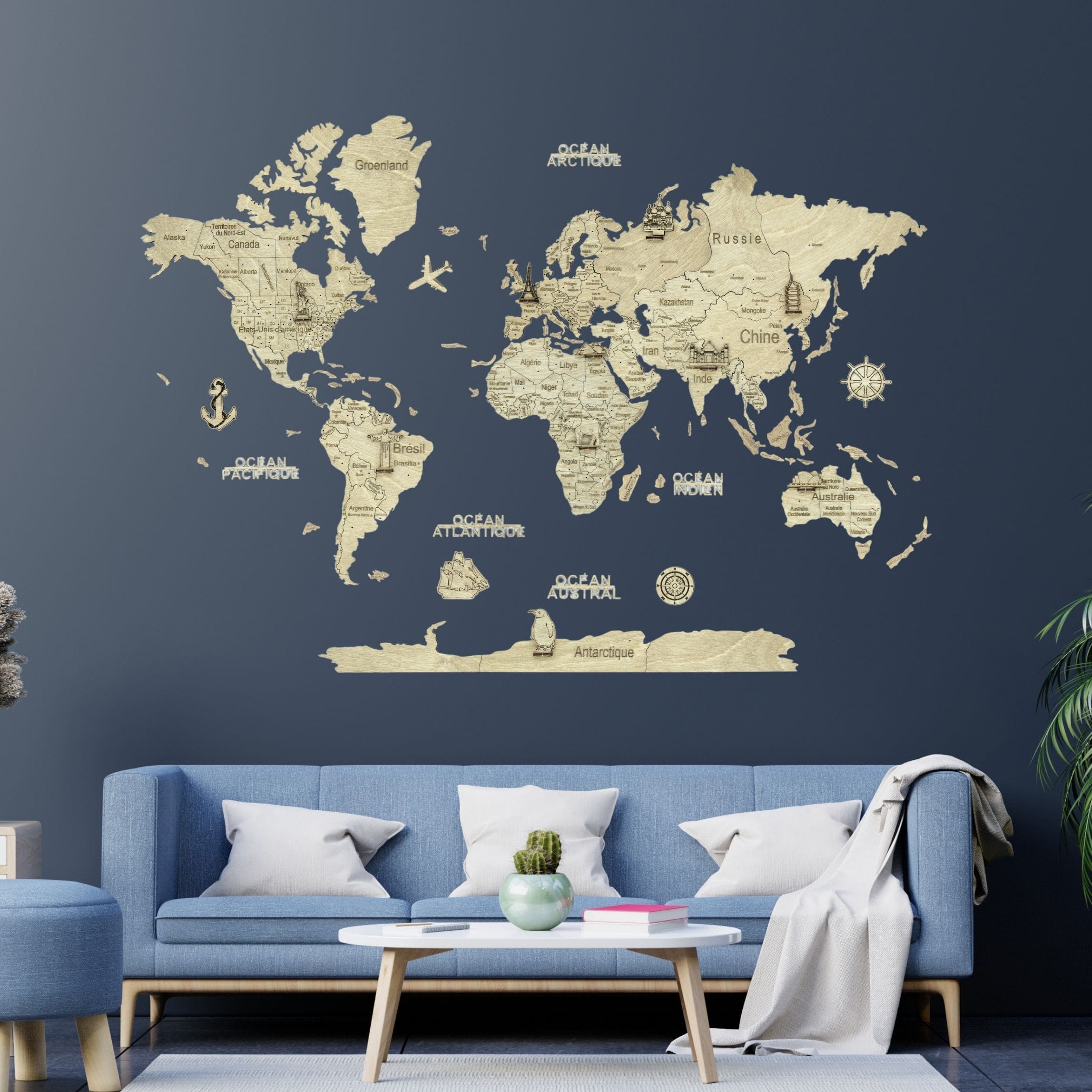 2D wooden world map Light
