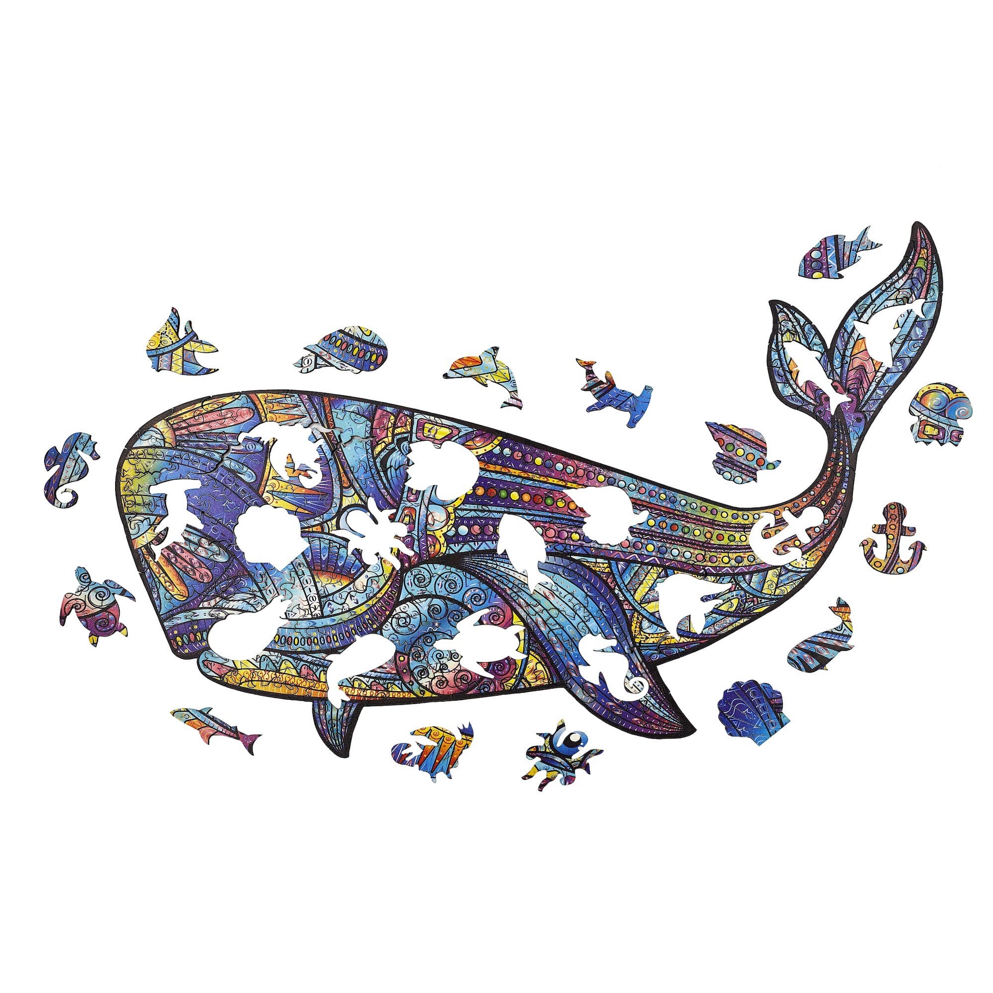 Colorful whale-shaped puzzle with various small pieces on a white background