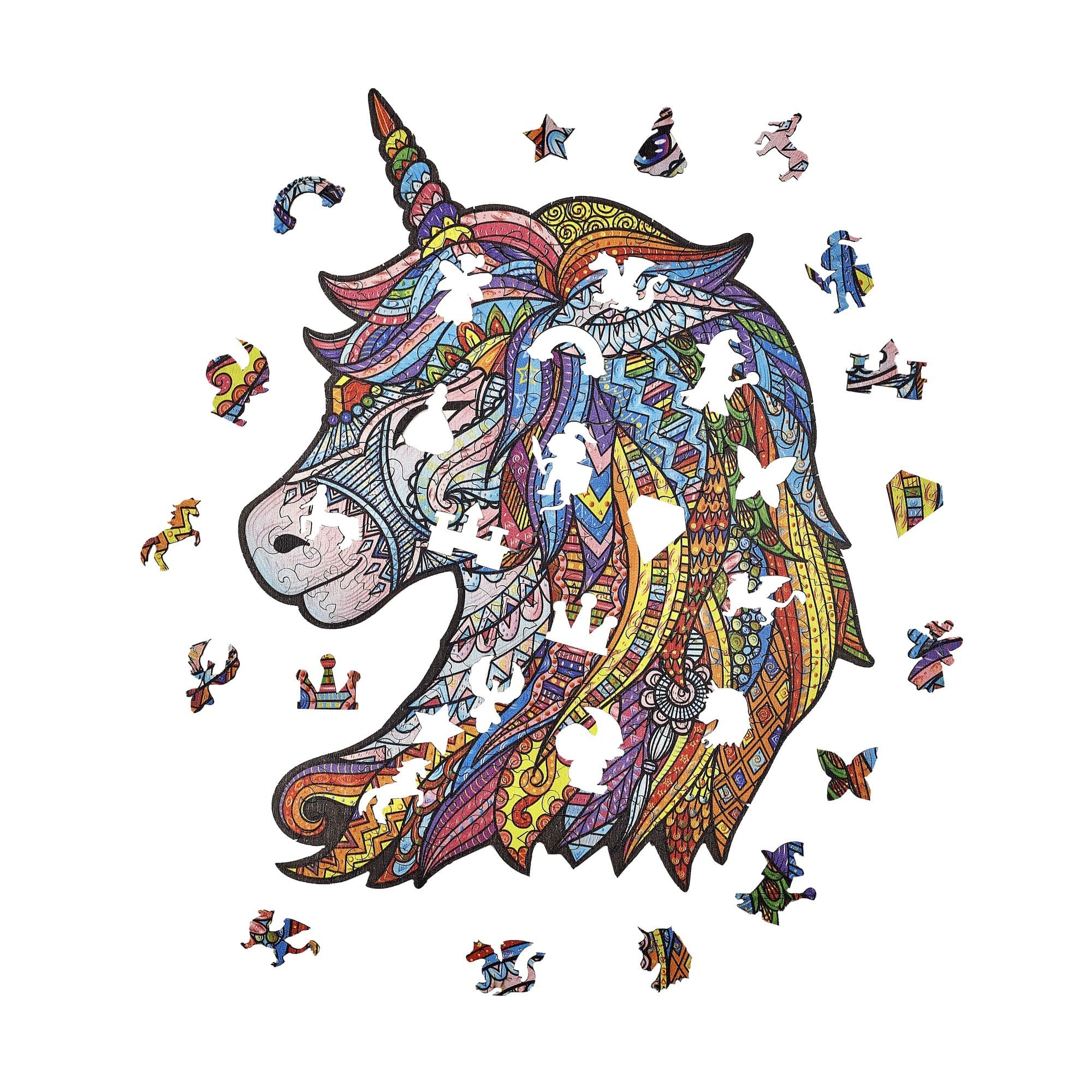 Colorful unicorn-shaped wooden jigsaw puzzle with pieces scattered around on a white background