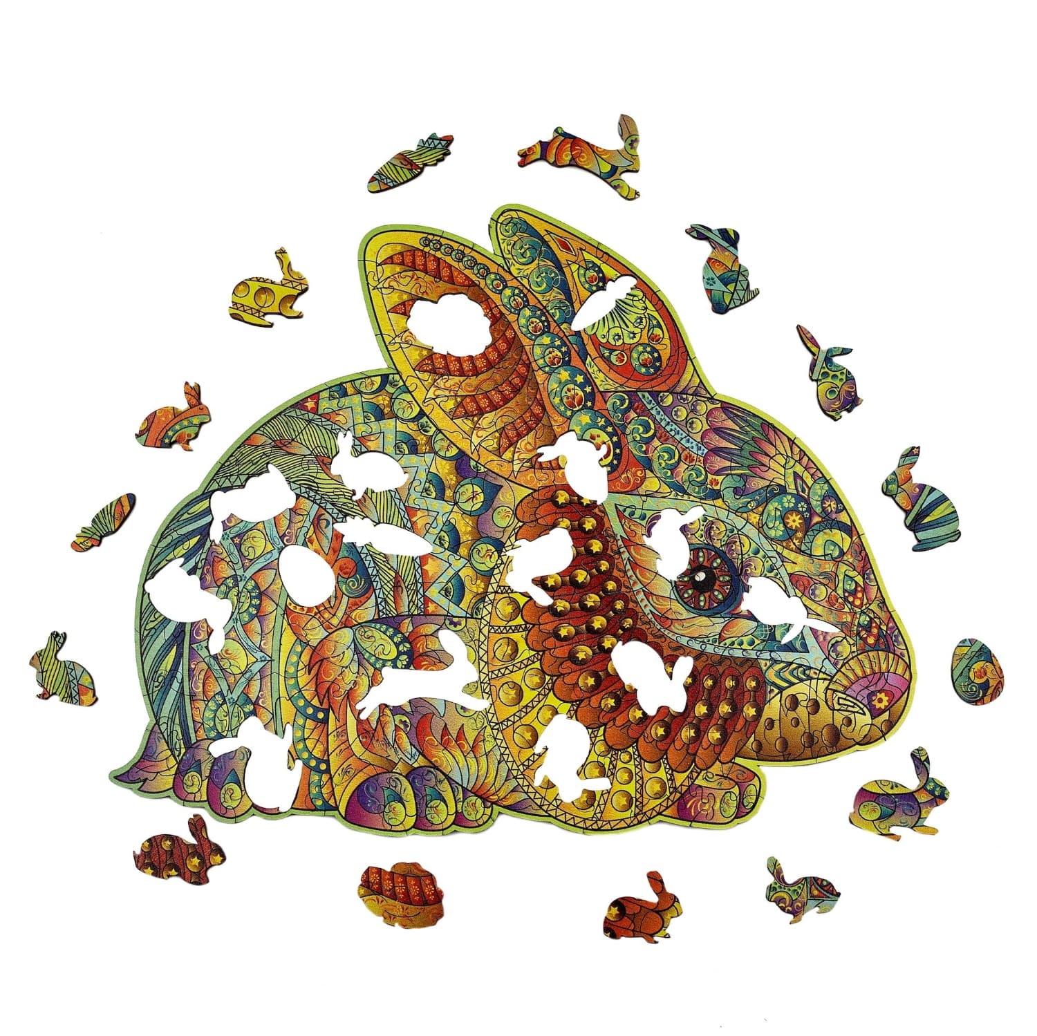 Colorful rabbit-shaped wooden puzzle with small pieces on a white background